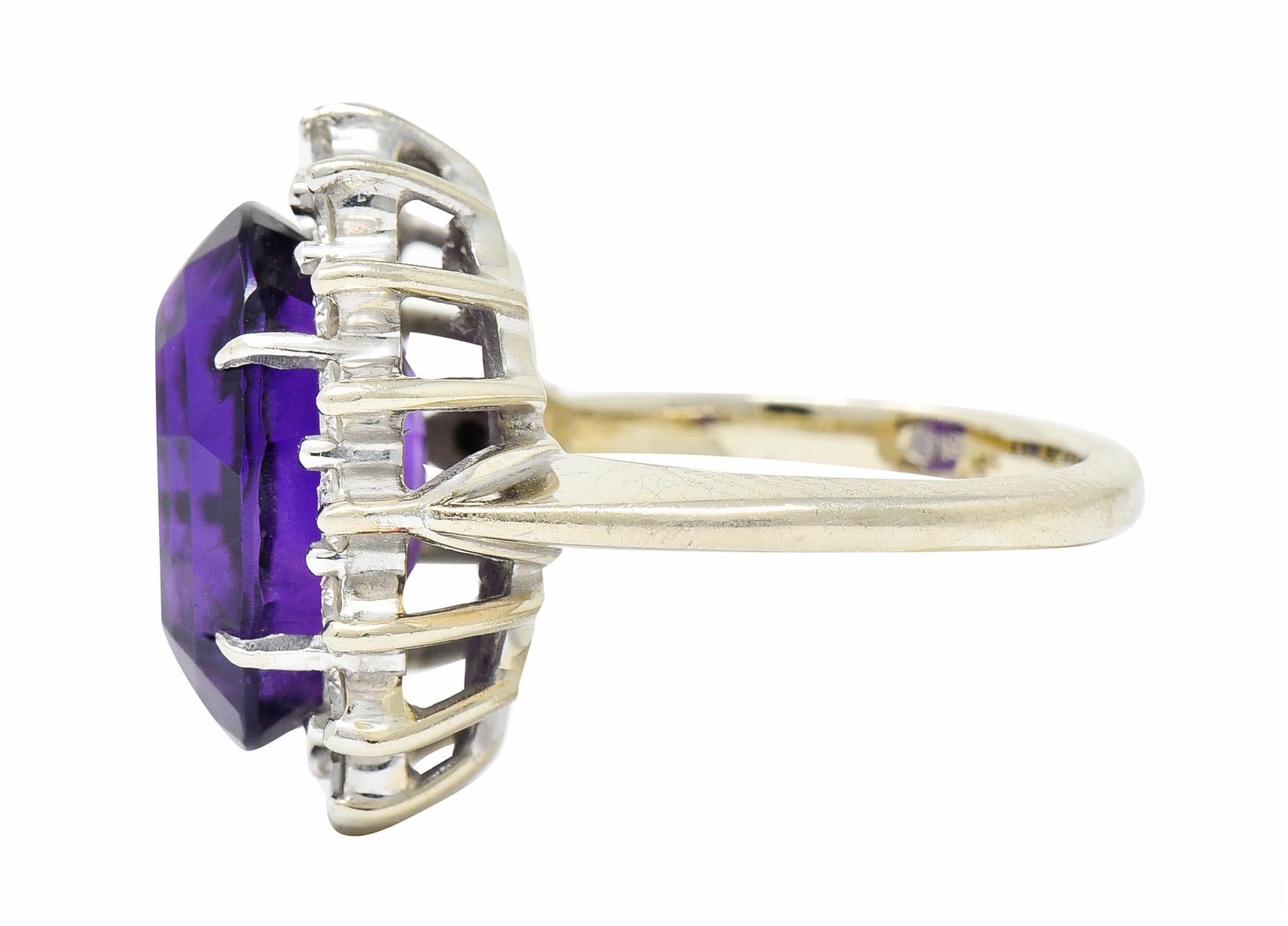 Vintage Amethyst Diamond 14 Karat White Gold Cluster Cocktail Ring In Excellent Condition In Philadelphia, PA
