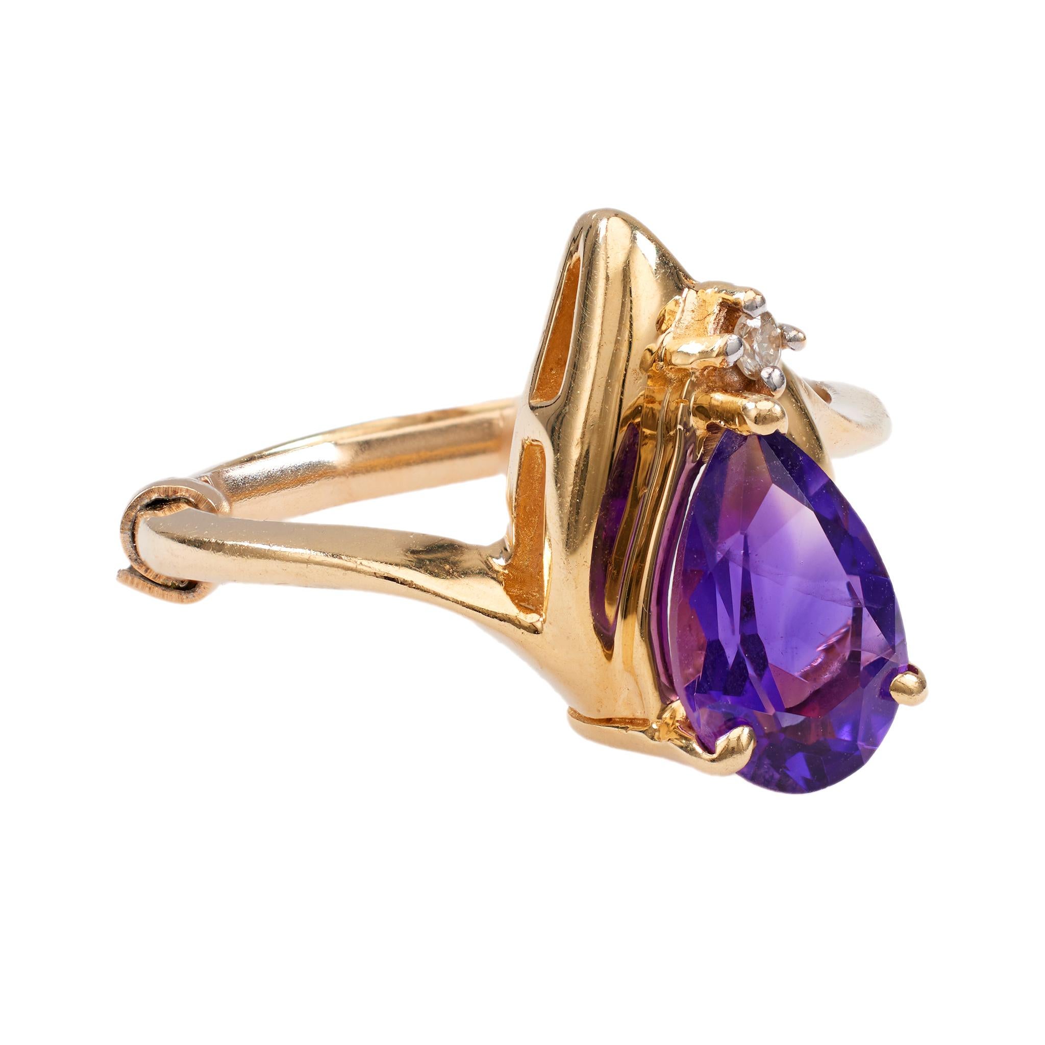 Vintage 14k Gelbgold Ring mit Amethyst und Diamant für Damen oder Herren im Angebot