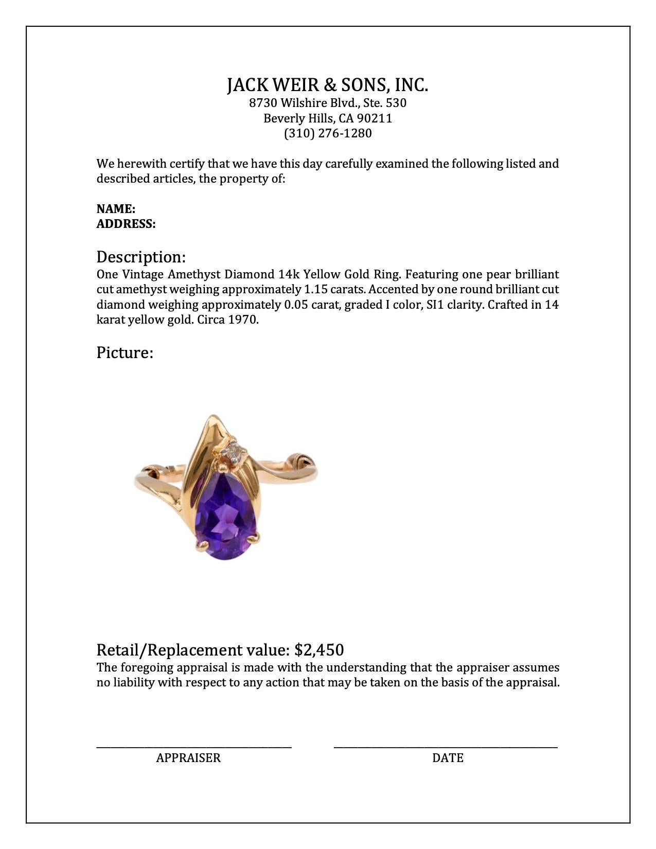 Vintage Amethyst Diamond 14k Yellow Gold Ring For Sale 2