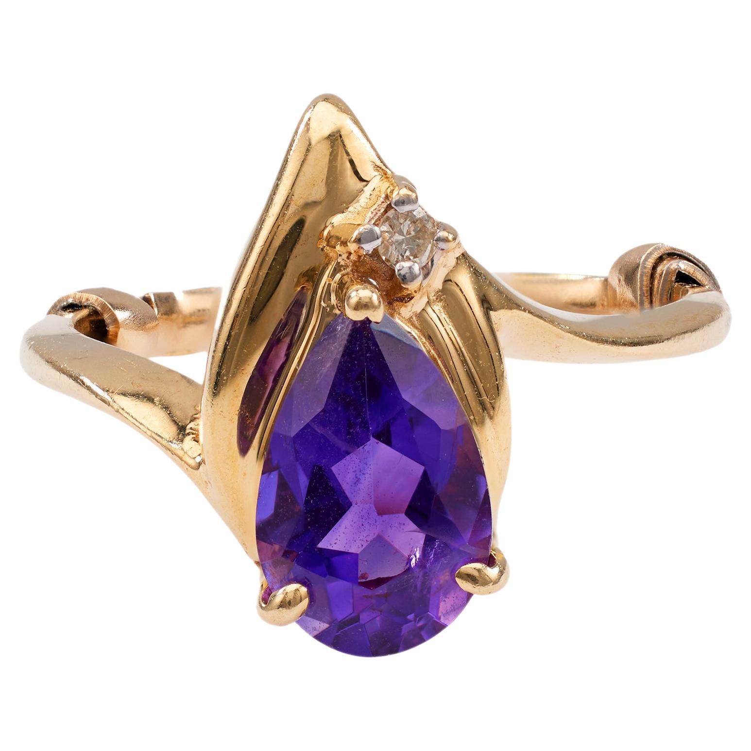 Vintage 14k Gelbgold Ring mit Amethyst und Diamant im Angebot