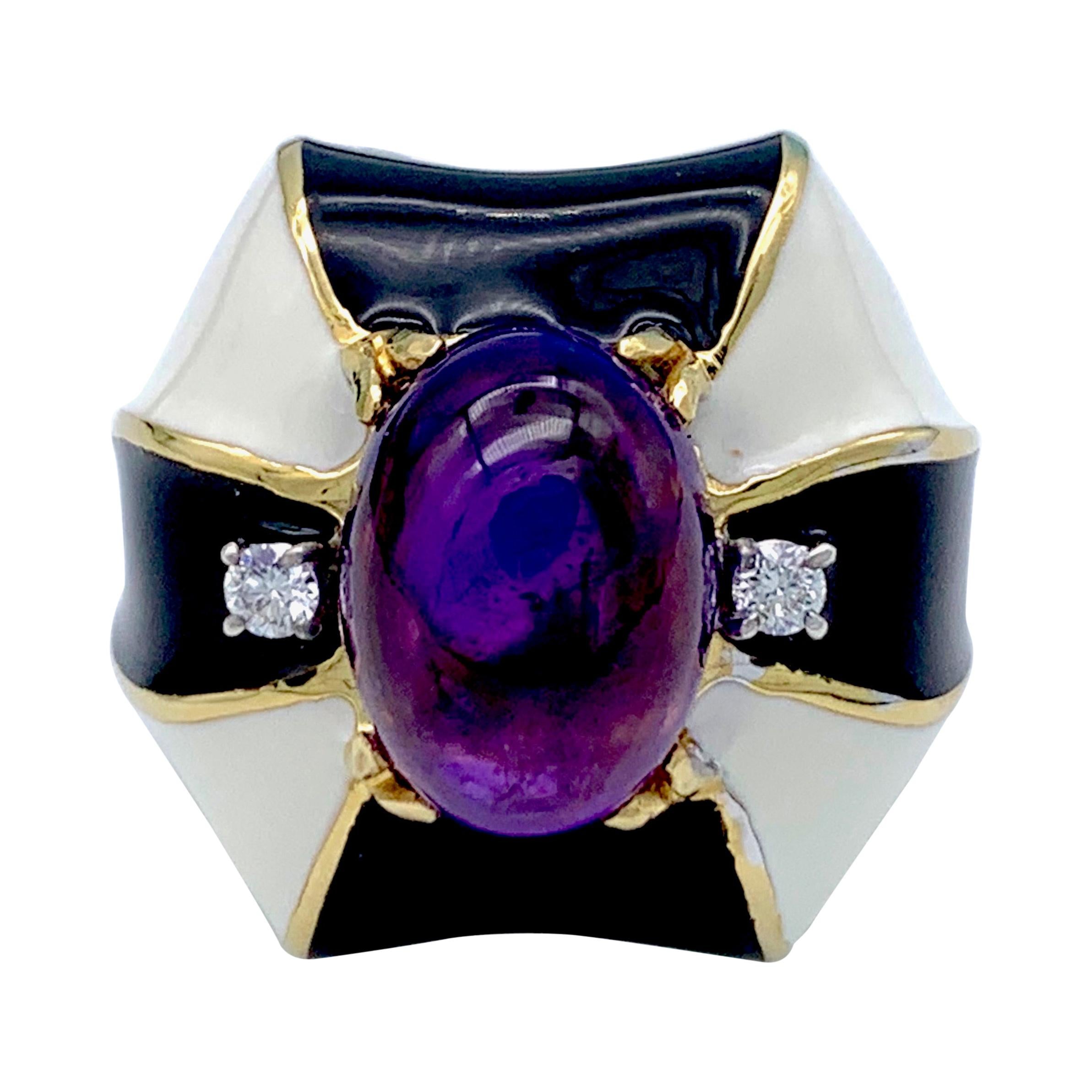 Vintage Amethyst Diamond 18 Karat Yellow and White Gold Enamel Cocktail Ring