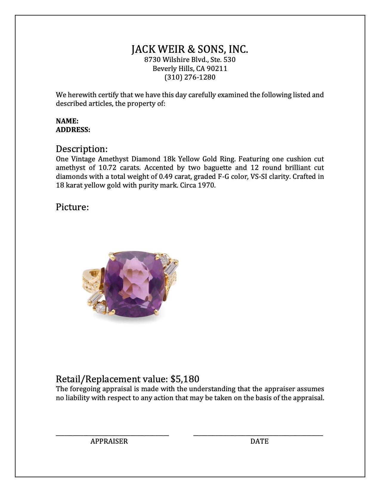 Women's or Men's Vintage Amethyst Diamond 18k Yellow Gold Ring For Sale