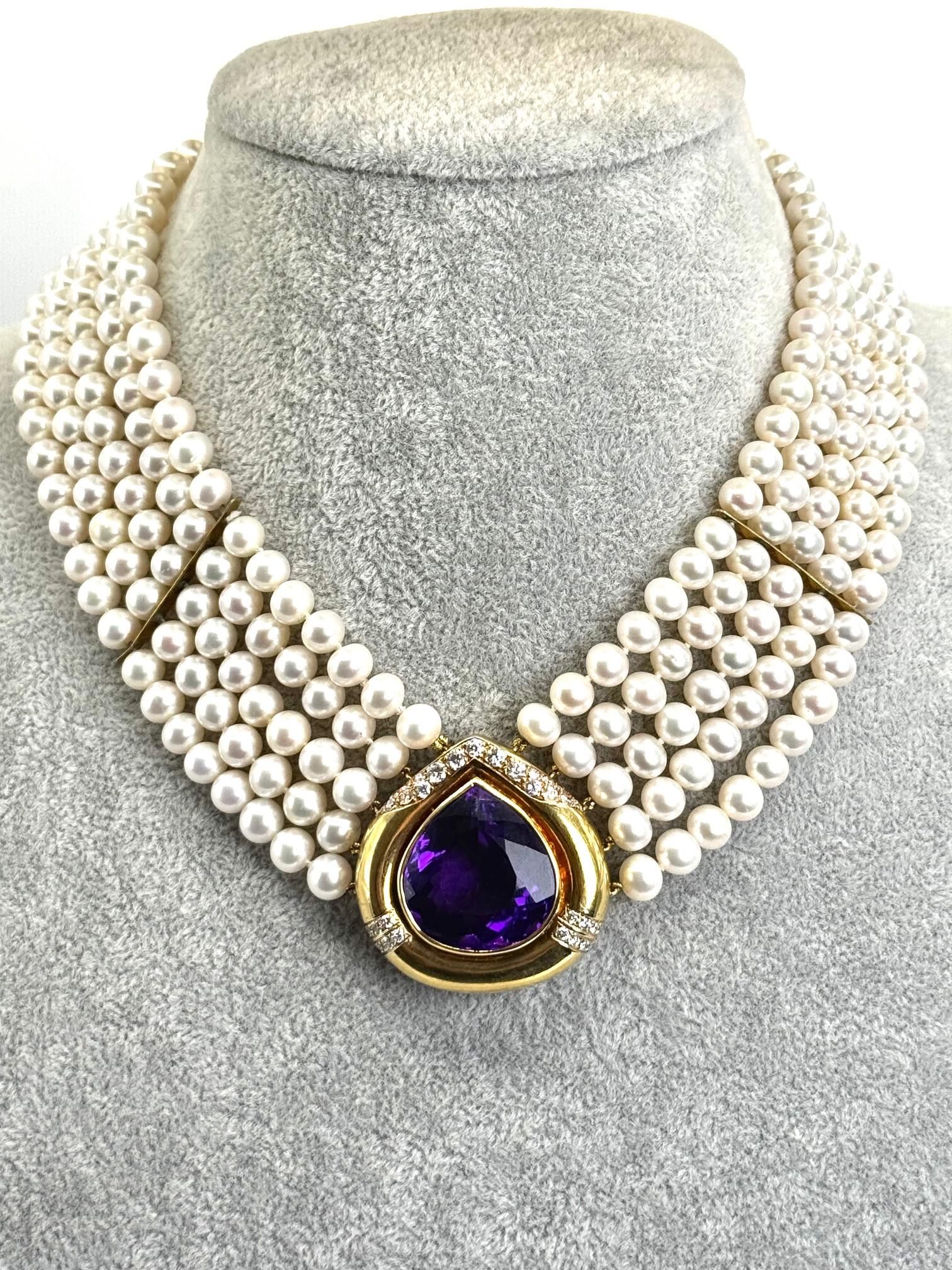 Taglio a goccia Collana a più fili con ametista, diamanti e perle coltivate d'epoca in vendita