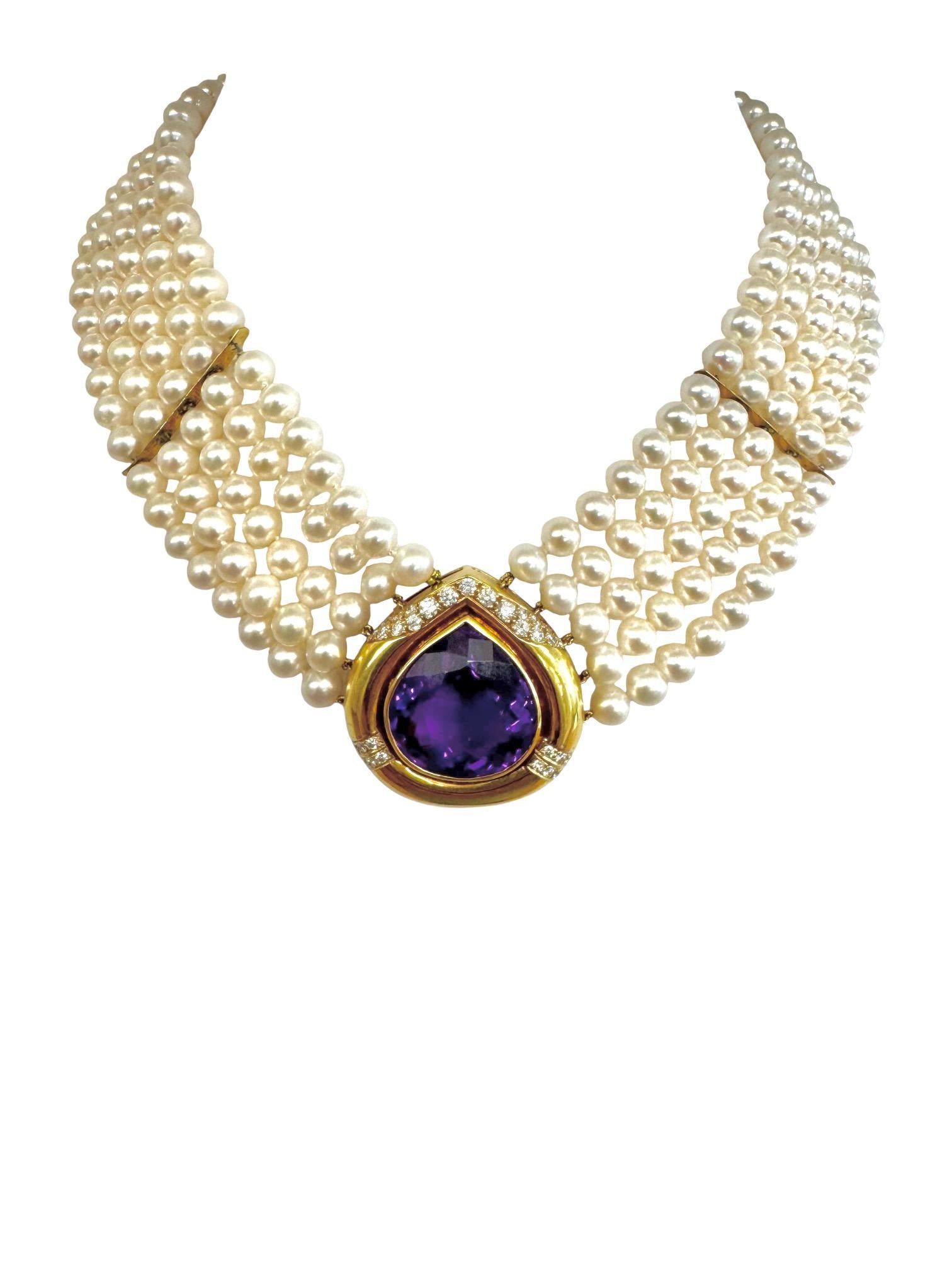 Collana a più fili con ametista, diamanti e perle coltivate d'epoca in vendita 1
