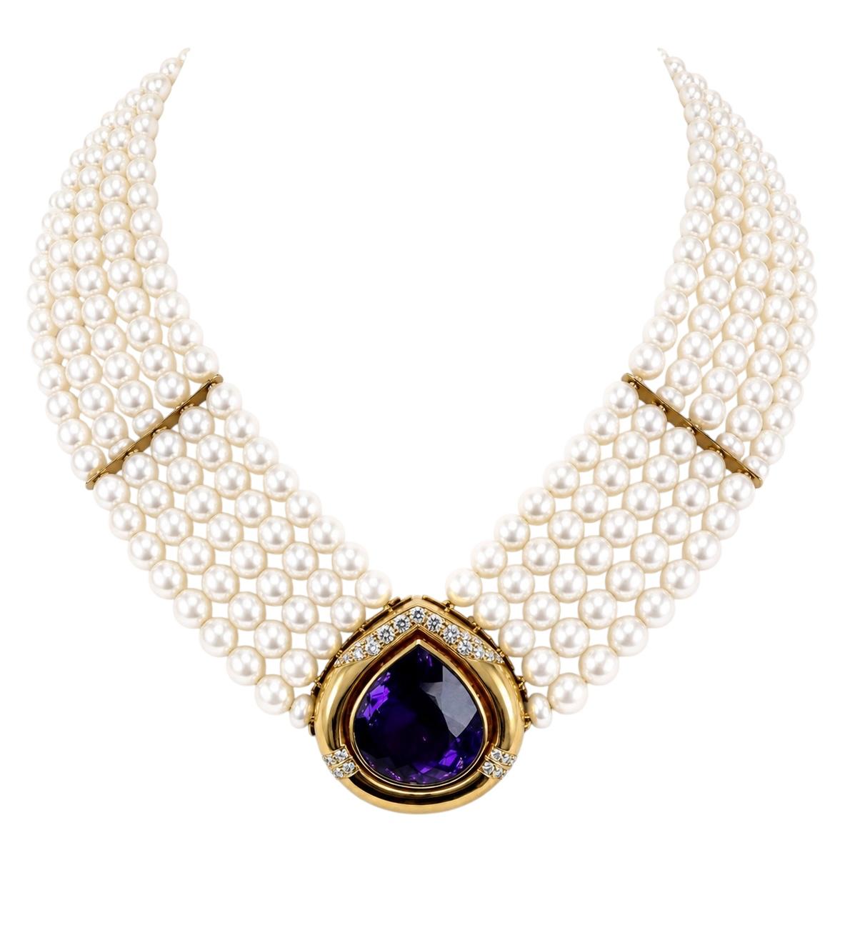 Collana a più fili con ametista, diamanti e perle coltivate d'epoca
