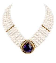Collana a più fili con ametista, diamanti e perle coltivate d'epoca