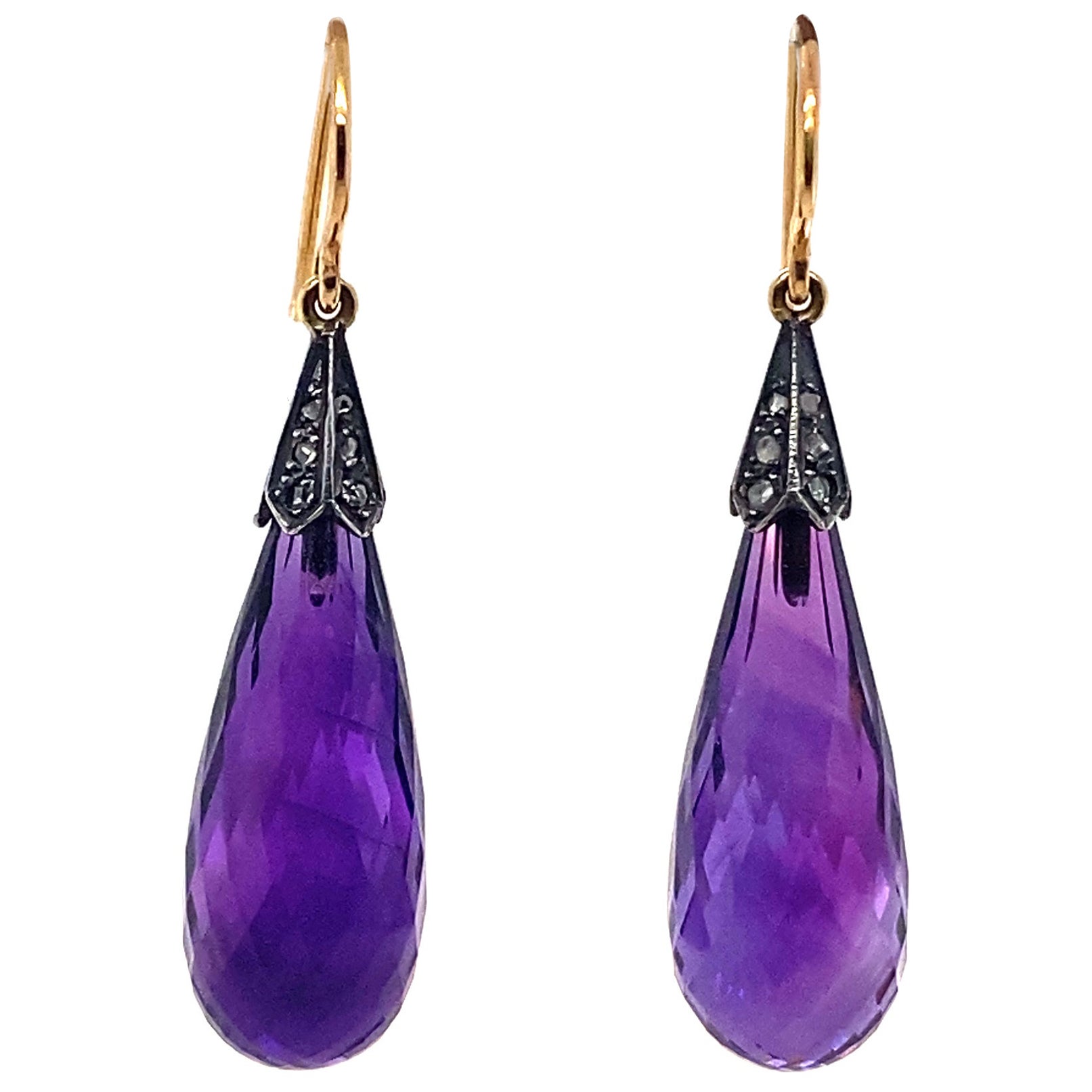 Vintage Amethyst Diamond Drop Earrings 18 Karat Yellow Gold