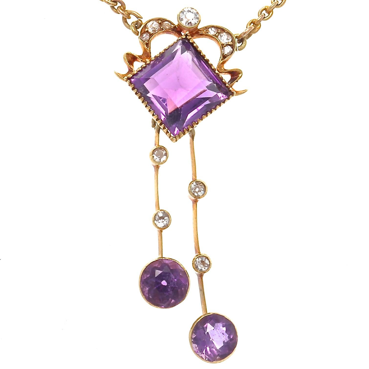 An accessory of subtle beauty that puts the final touches on any outfit. Featuring a vibrant purple square and round cut amethyst perfectly strung by strands of diamond accents that delicately hangs from an 18k yellow gold chain. 19 inches long.