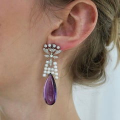 Vintage Amethyst, Diamond, Pearl and Platinum Earrings, Circa 1960