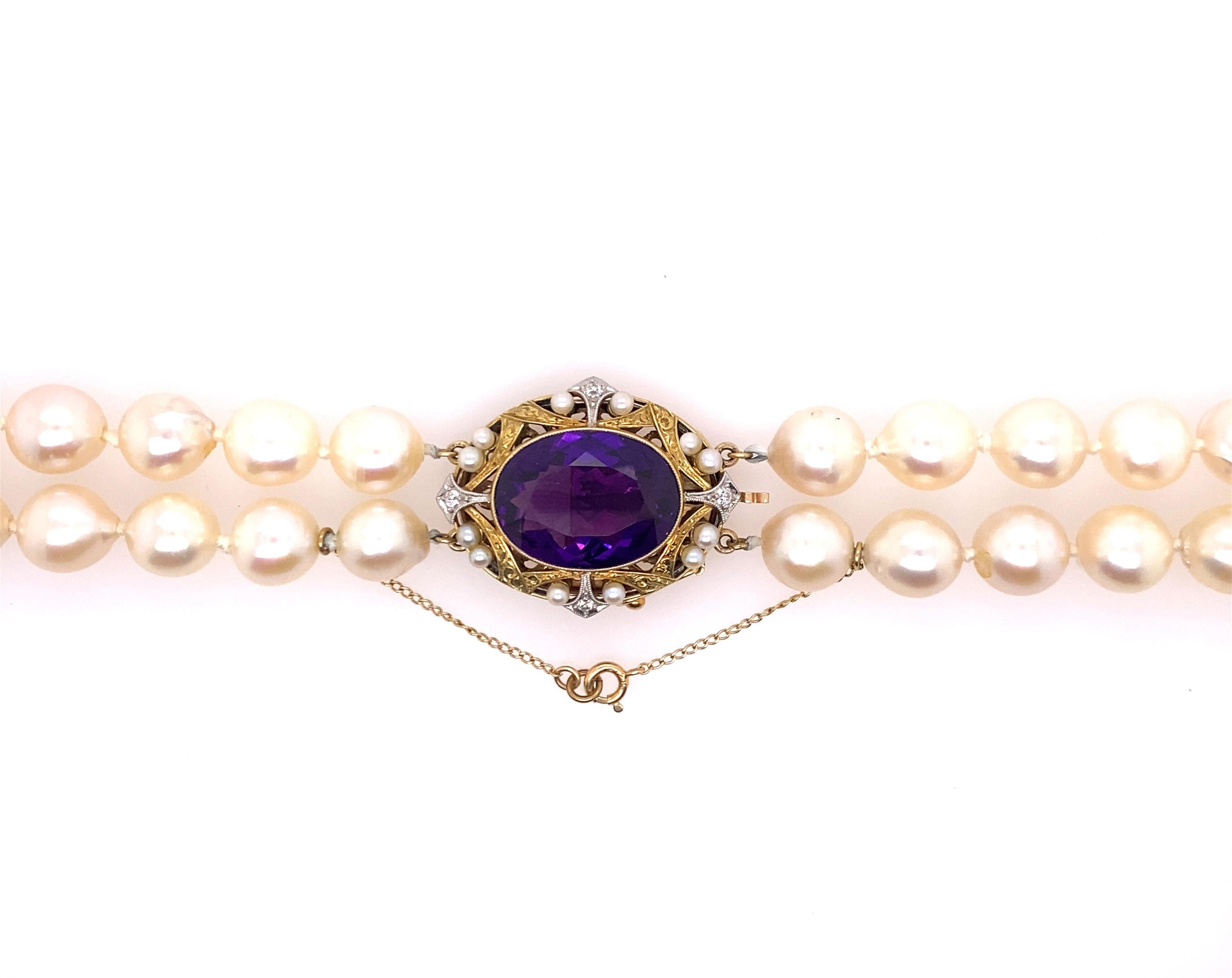 Round Cut Vintage Amethyst Diamond Pearl Necklace 10.65ct Antique Victorian 14K For Sale
