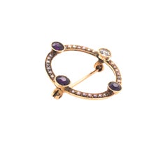 Victorian Amethyst Diamond Seed Pearl Pin Brooch 1ct 14K Yellow Gold Advent