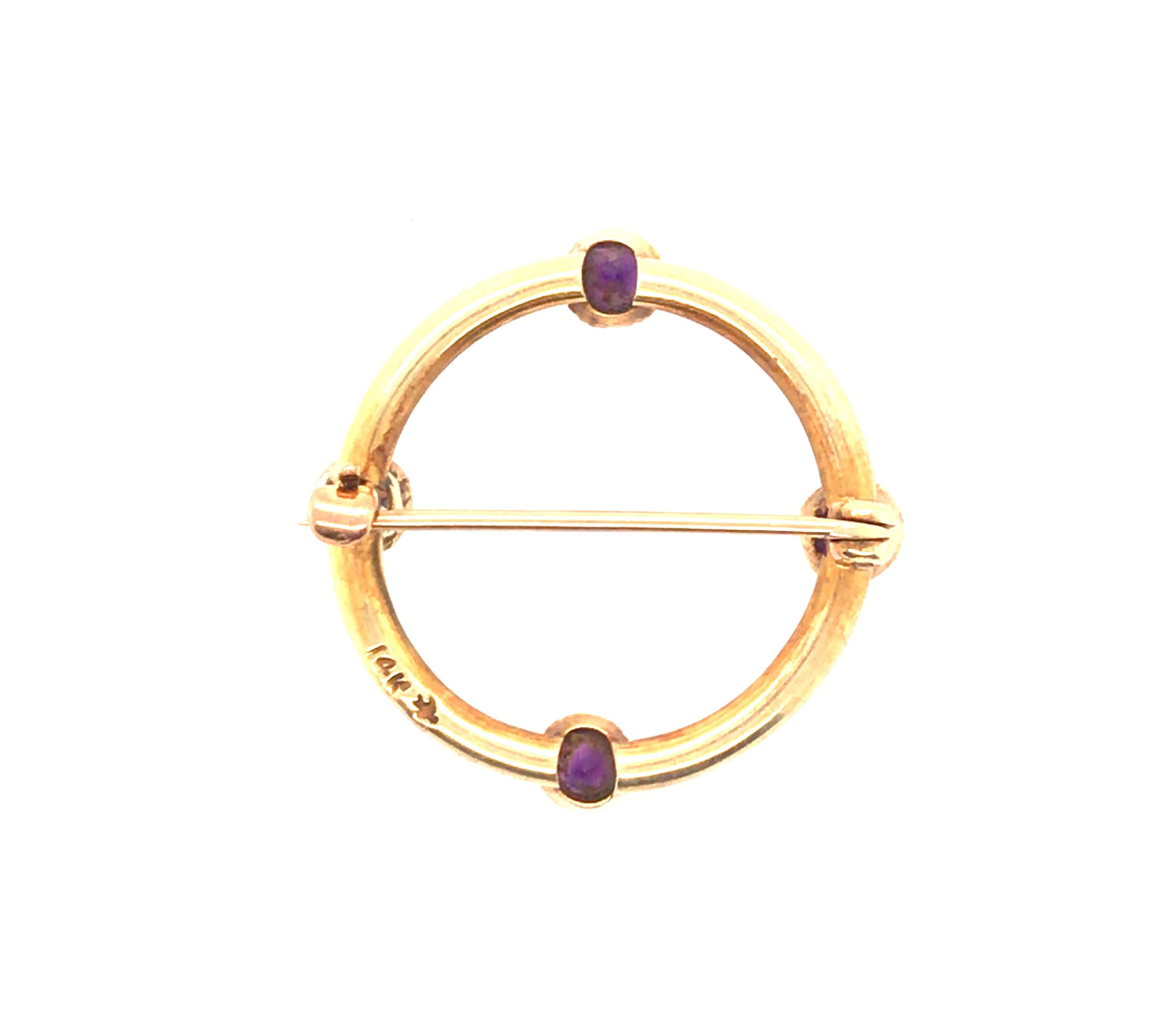 Round Cut Vintage Amethyst Diamond Seed Pearl Pin Brooch 1.03ct 14K Yellow Gold Victorian  For Sale