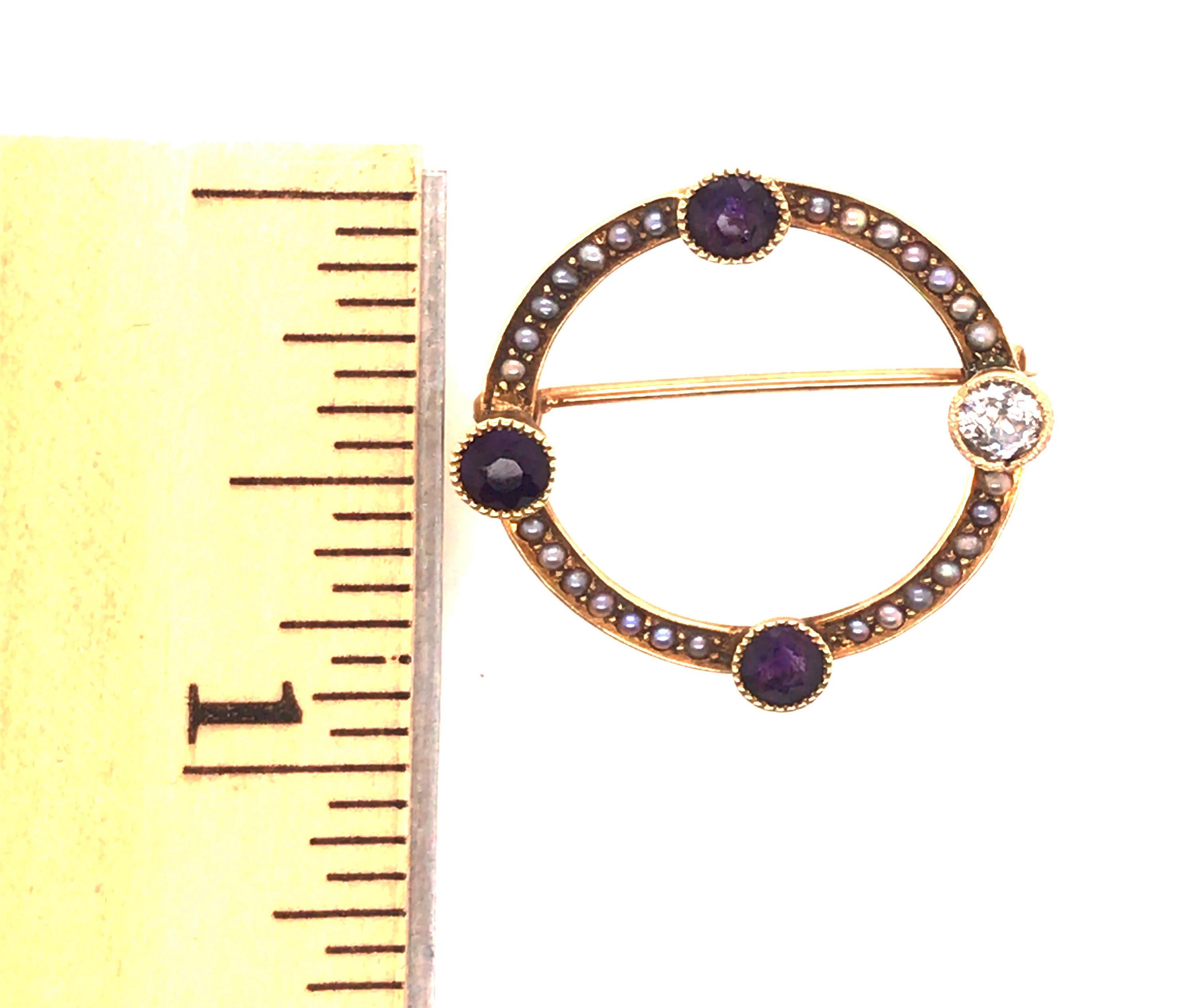 Women's or Men's Vintage Amethyst Diamond Seed Pearl Pin Brooch 1.03ct 14K Yellow Gold Victorian  For Sale
