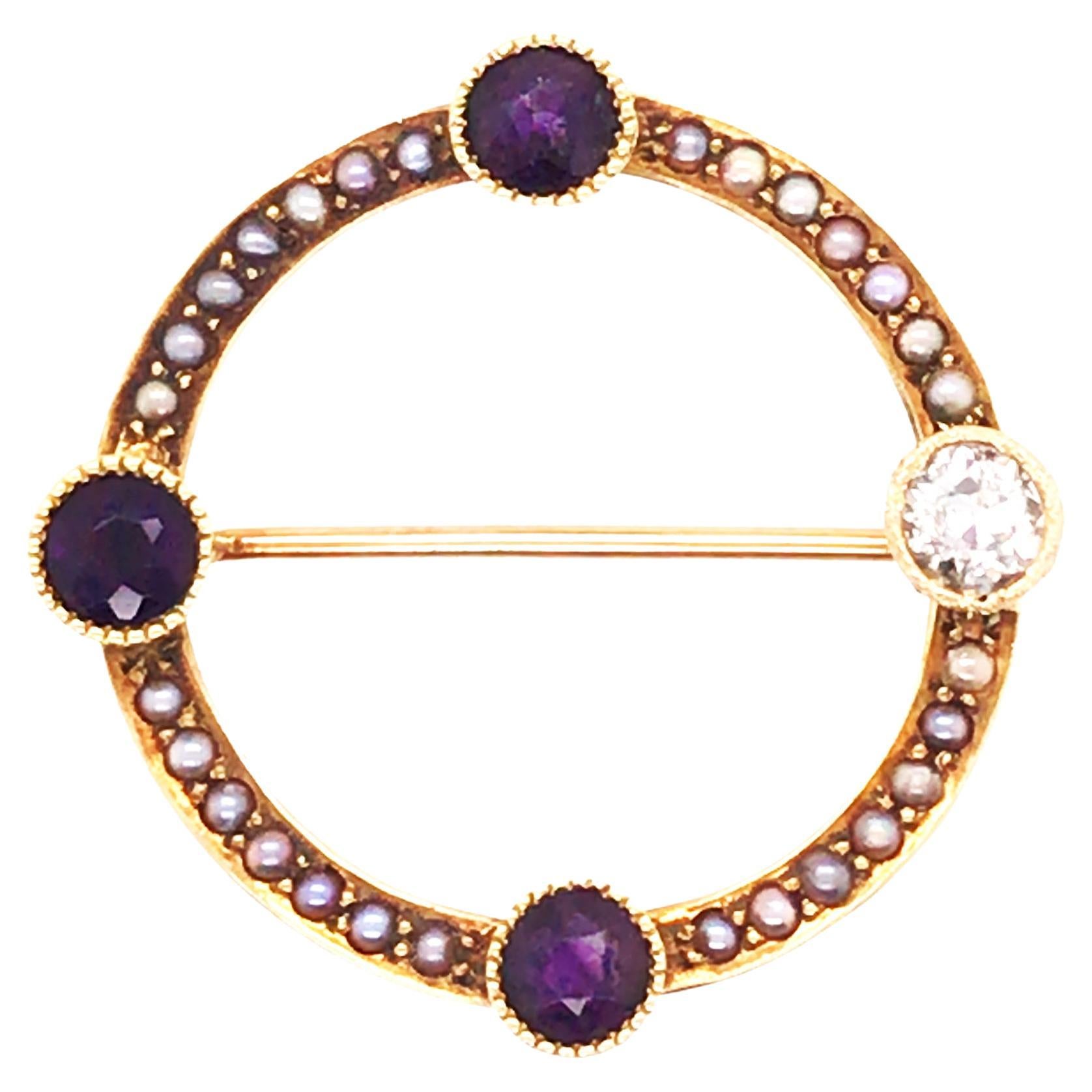 Vintage Amethyst Diamond Seed Pearl Pin Brooch 1.03ct 14K Yellow Gold Victorian 