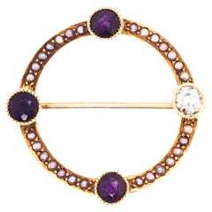 Antique Amethyst Diamond Seed Pearl Pin Brooch 1.03ct 14K Yellow Gold Victorian 
