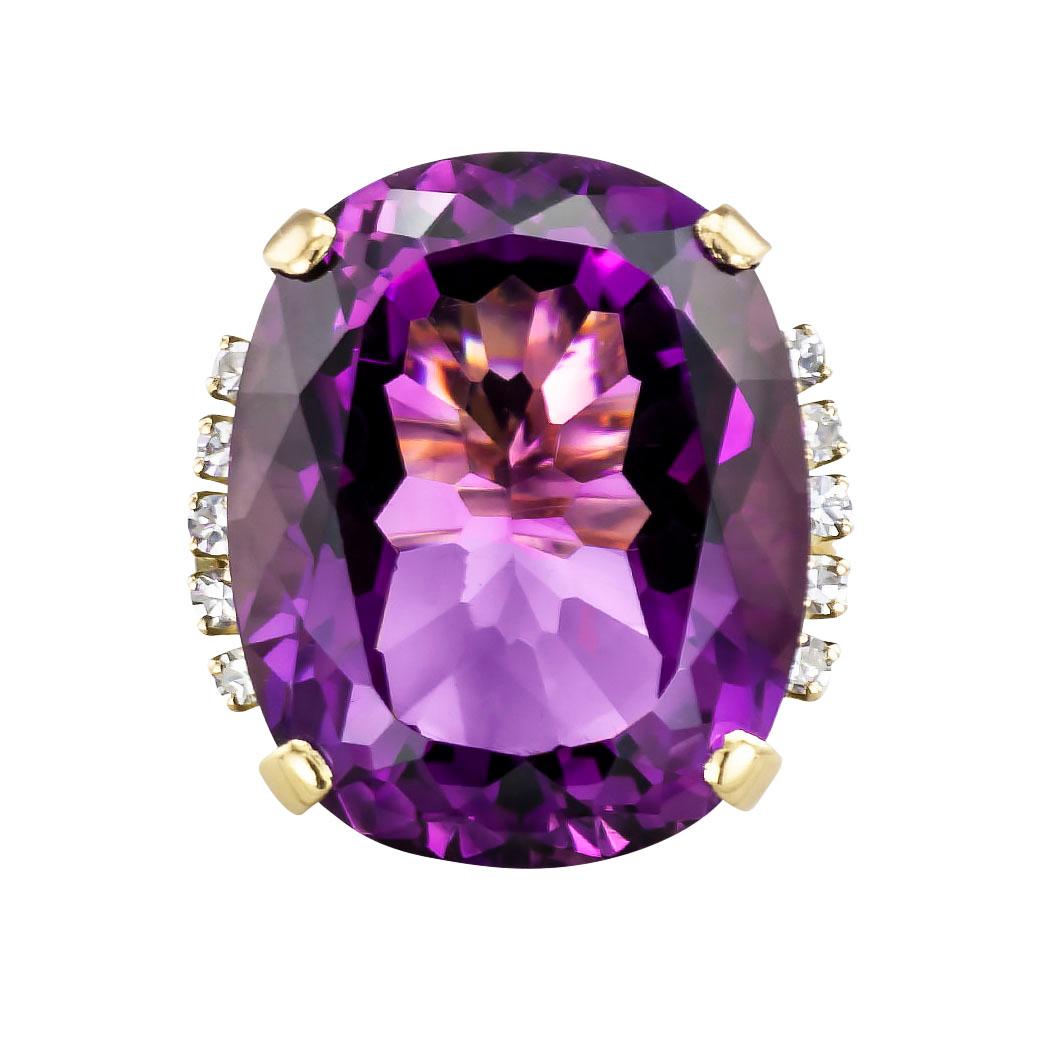 Vintage amethyst diamond and yellow gold cocktail ring circa 1950.  Love it because it caught your eye, and we are here to connect you with beautiful and affordable jewelry.  Decorate Yourself!  Simple and concise information you want to know is