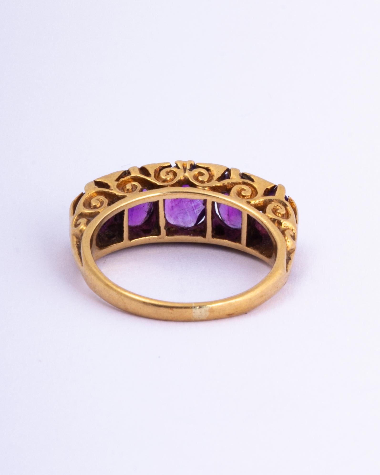 Oval Cut Vintage Amethyst Five-Stone with Diamond Points Modelled in 9 Carat Gold