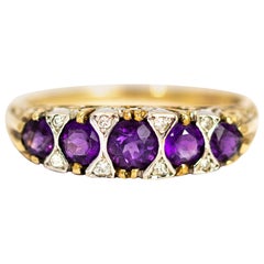 Vintage Amethyst Five-Stone with Diamond Points Modelled in 9 Carat Gold