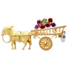 Vintage Amethyst Garnet Peridot Yellow Gold Donkey and Cart Brooch Circa 1970