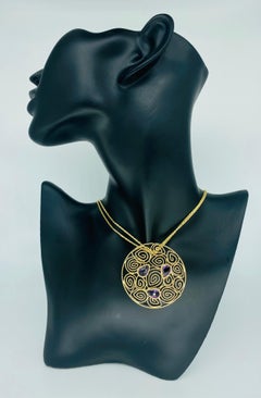 Vintage Amethyst Gemstones Swirling Abstract Designer Necklace 14k Gold