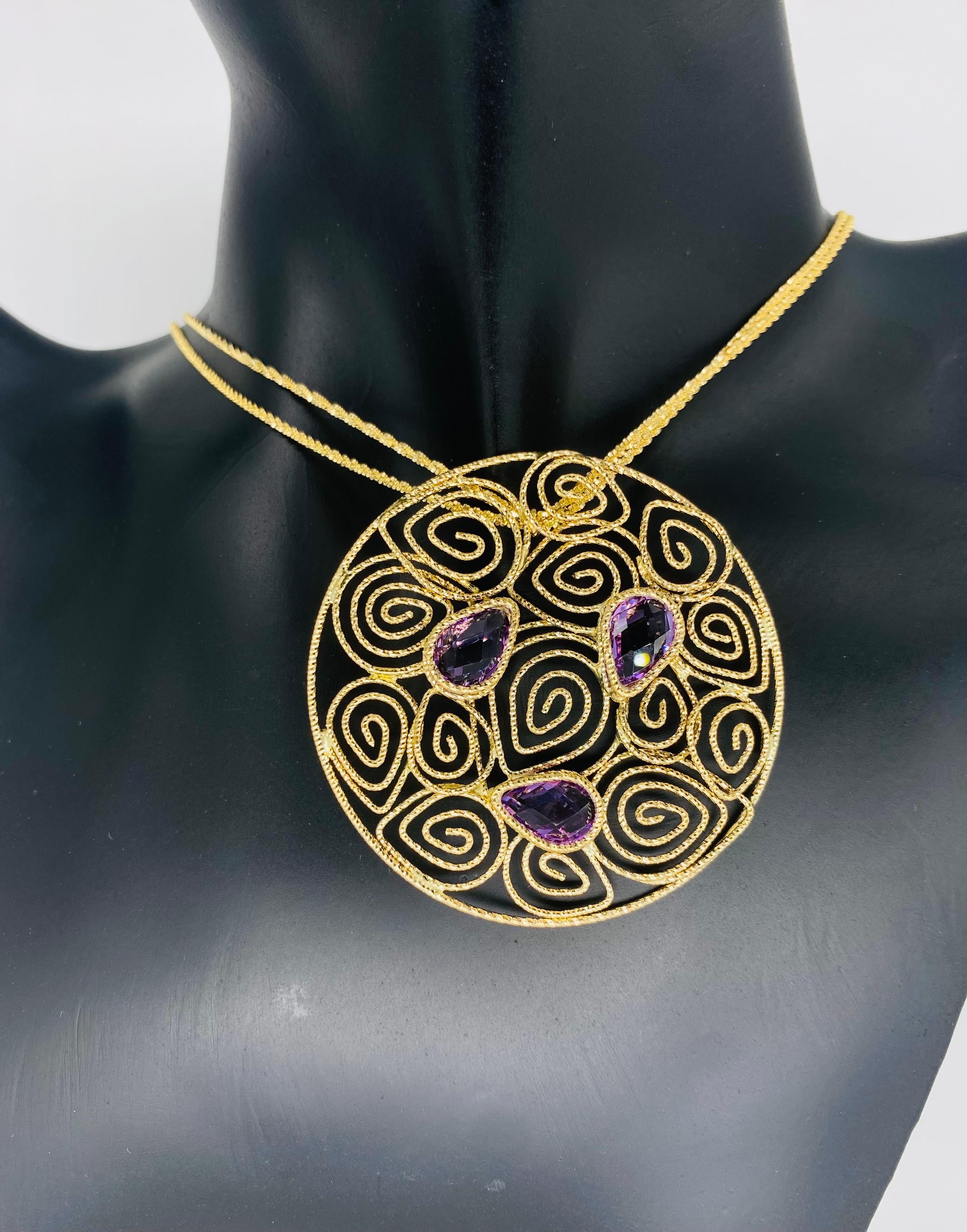 Pear Cut Vintage Amethyst Gemstones Swirling Abstract Designer Necklace 14k Gold For Sale