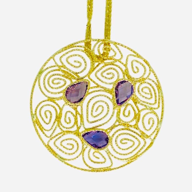 Vintage Amethyst Gemstones Swirling Abstract Designer Necklace 14k Gold In Excellent Condition For Sale In Miami, FL