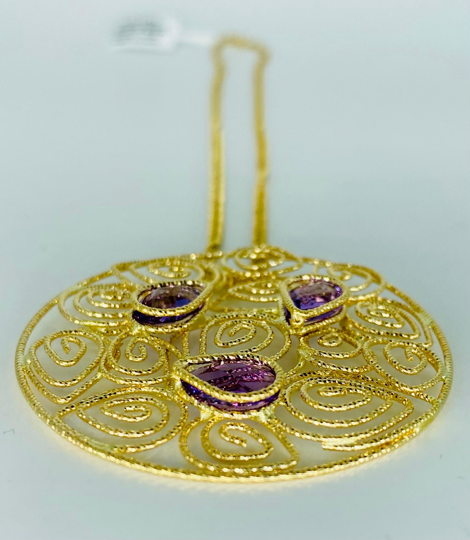 Women's Vintage Amethyst Gemstones Swirling Abstract Designer Necklace 14k Gold For Sale