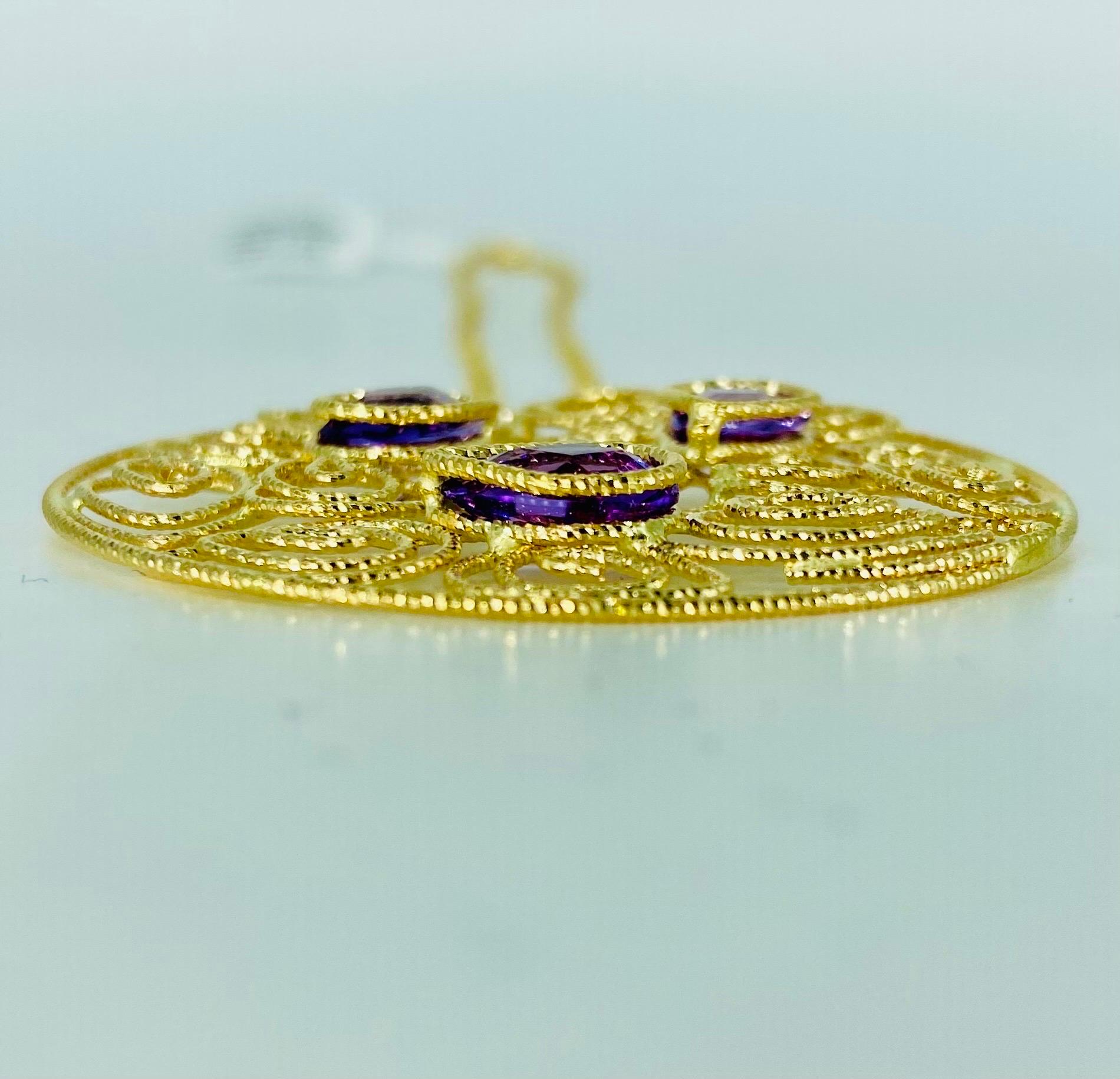 Vintage Amethyst Gemstones Swirling Abstract Designer Necklace 14k Gold For Sale 1