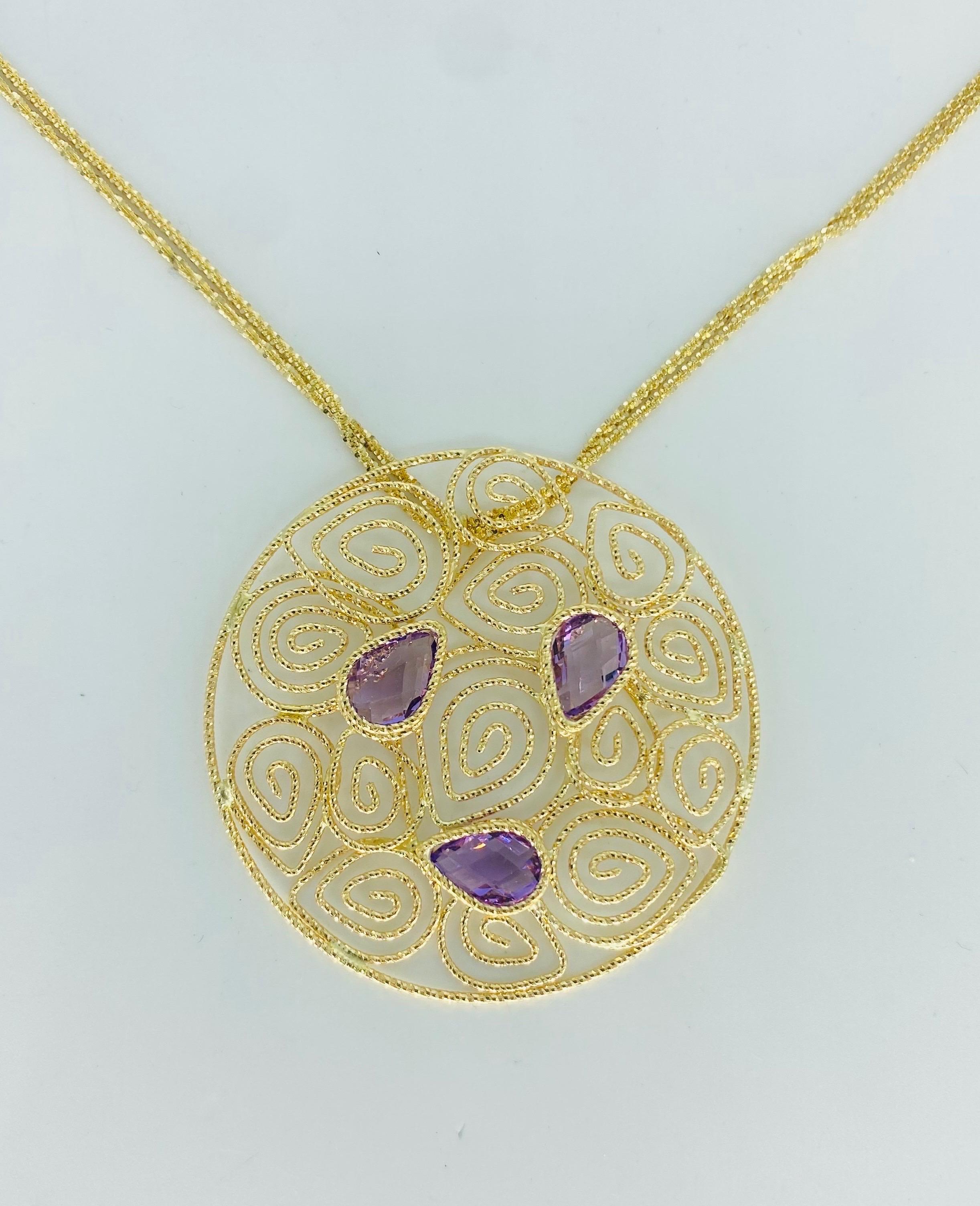 Vintage Amethyst Gemstones Swirling Abstract Designer Necklace 14k Gold For Sale 2
