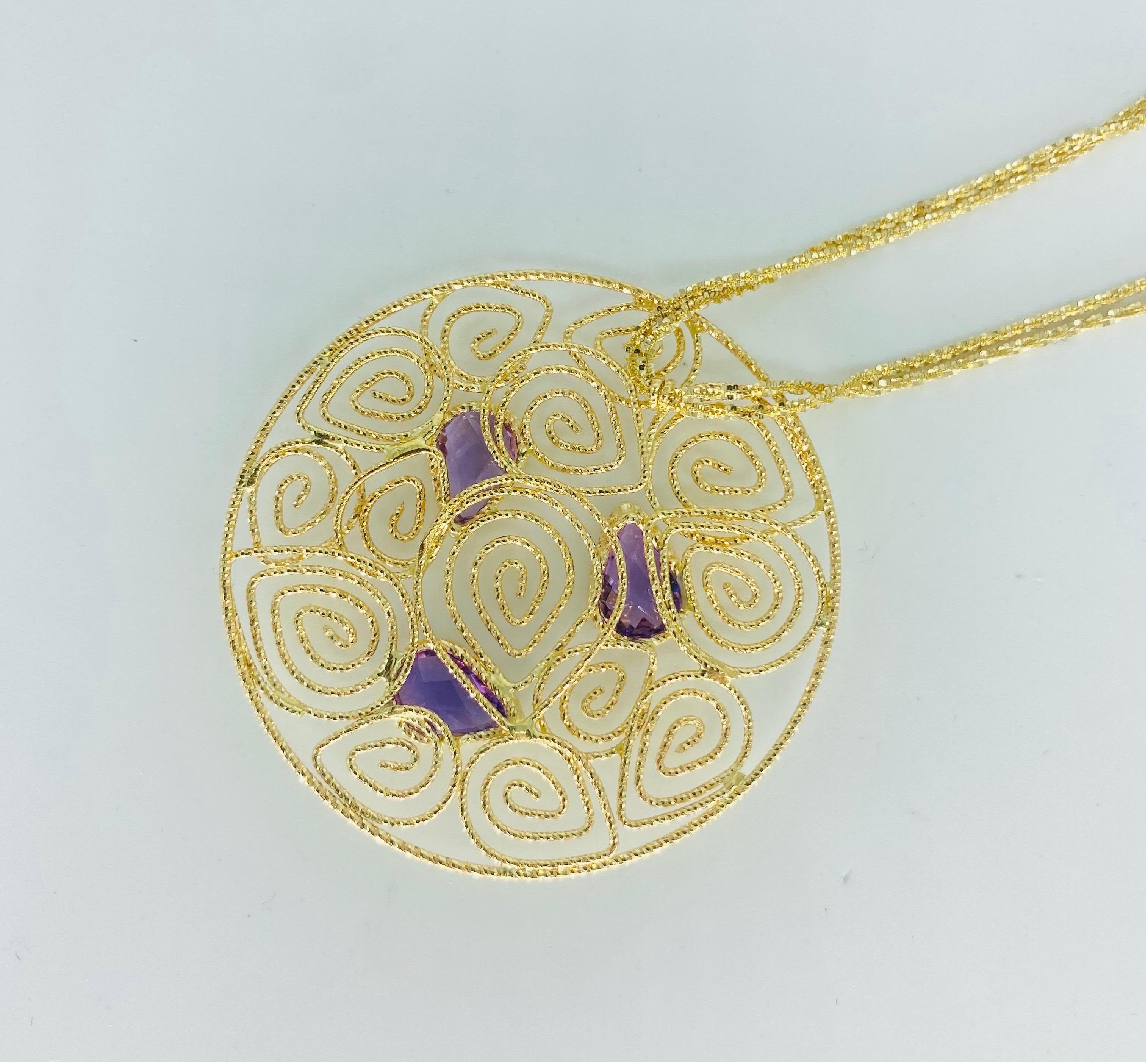Vintage Amethyst Gemstones Swirling Abstract Designer Necklace 14k Gold For Sale 3