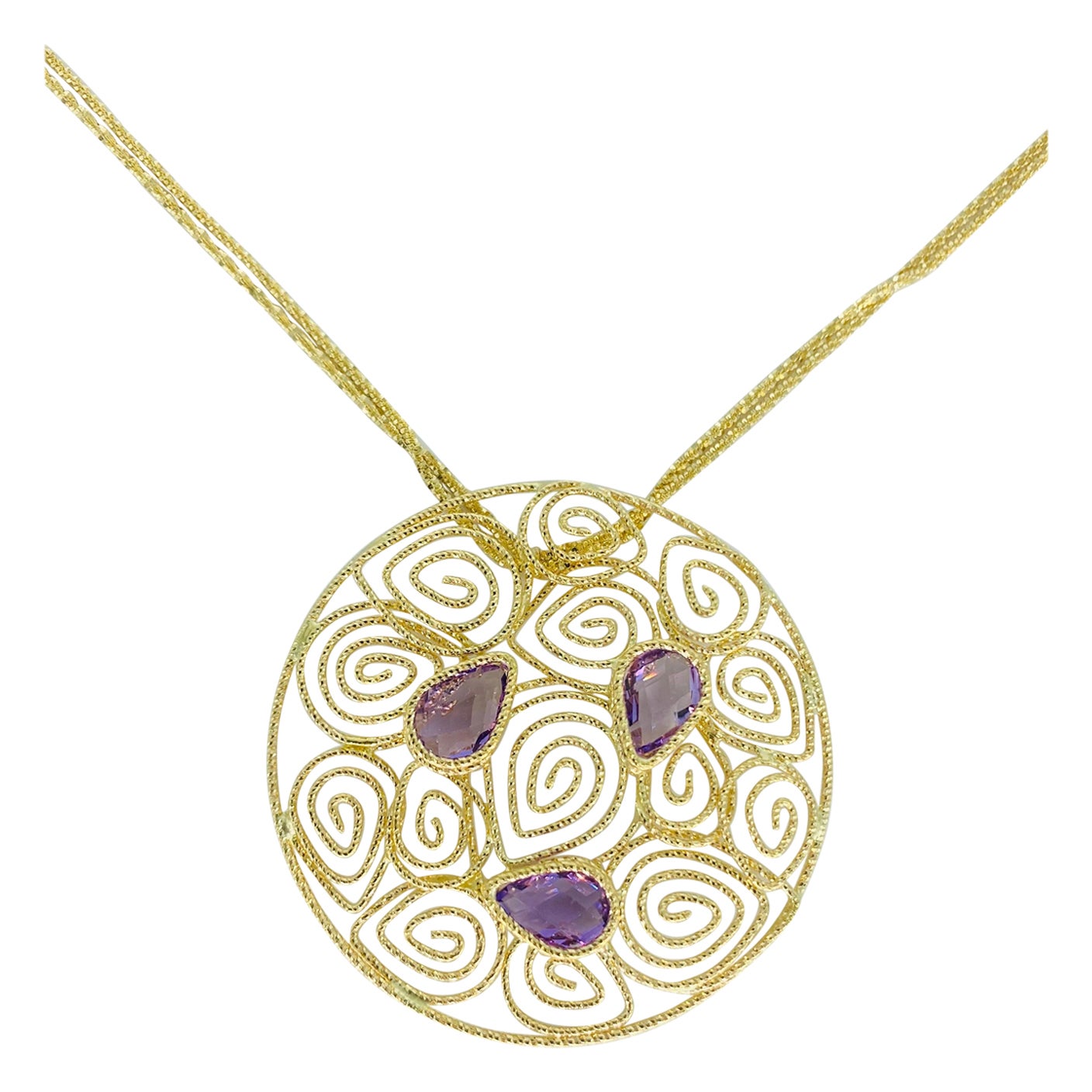Vintage Amethyst Gemstones Swirling Abstract Designer Necklace 14k Gold in vendita
