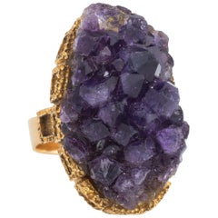 Amethyst Geode Ring 18 Karat Yellow Gold Large Oval Crystal Cocktail Estate