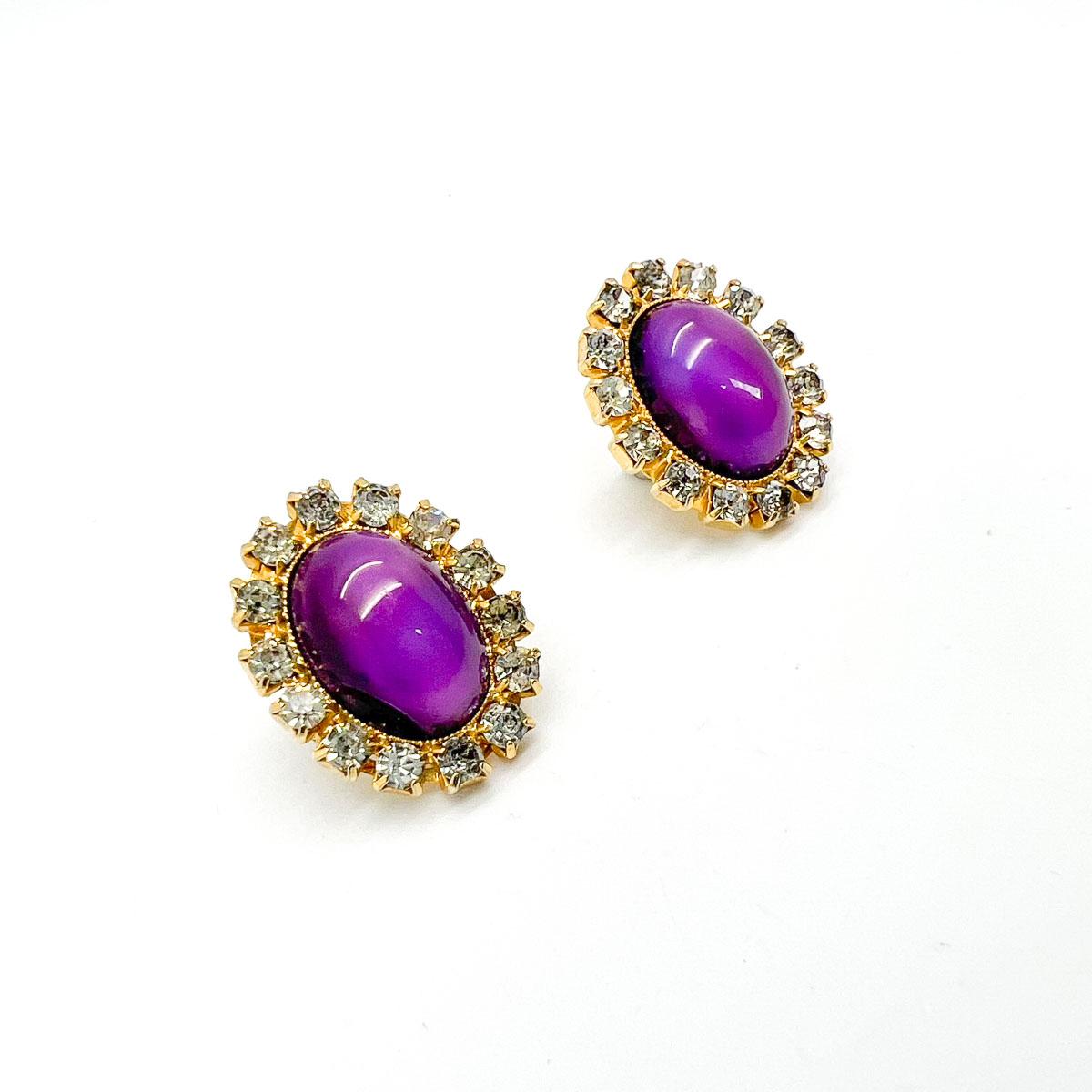 Vintage Amethyst Glass Cabochon Earrings 1980s In Good Condition For Sale In Wilmslow, GB