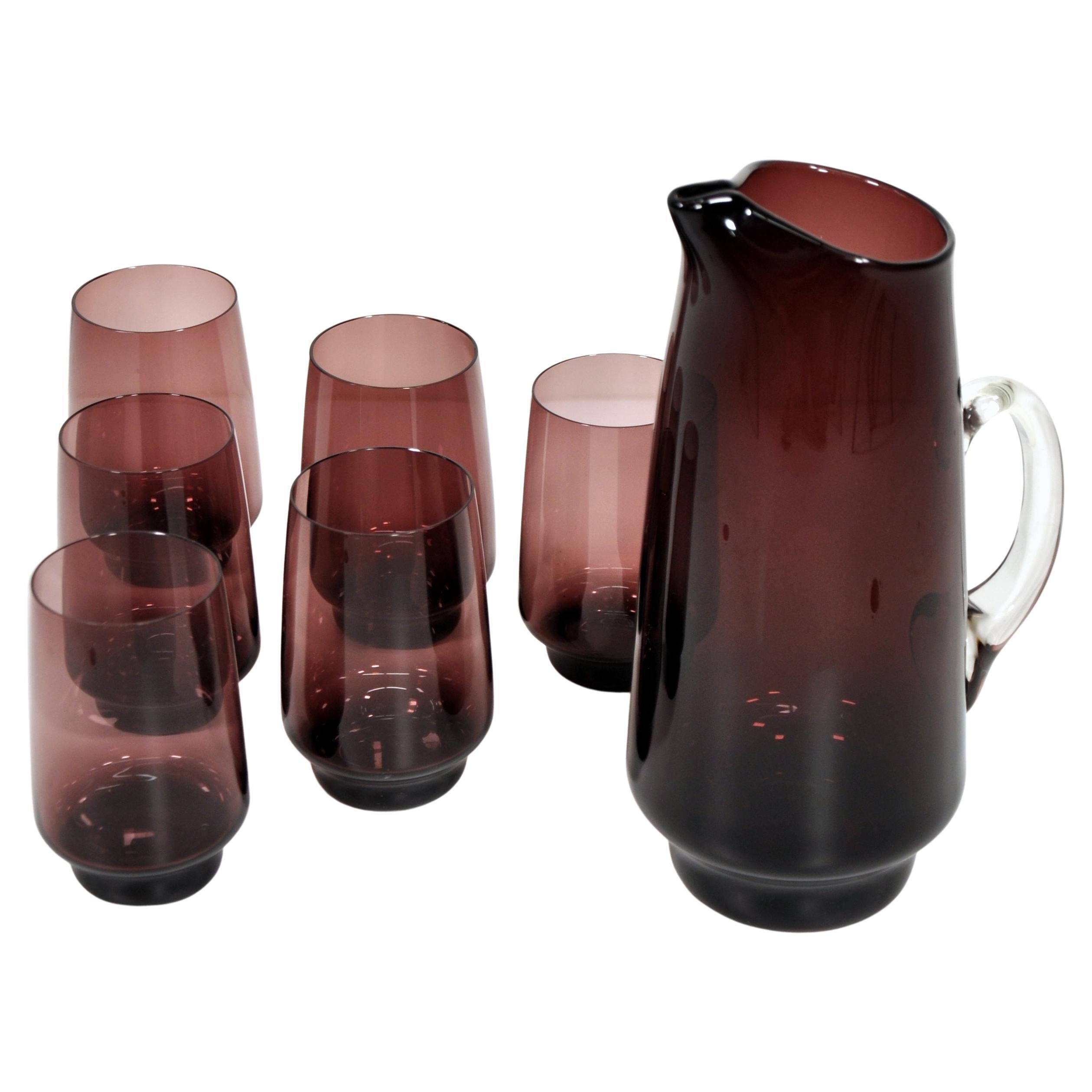 Vintage Amethyst Glass Pitcher and Six Glasses In Excellent Condition In Miami, FL