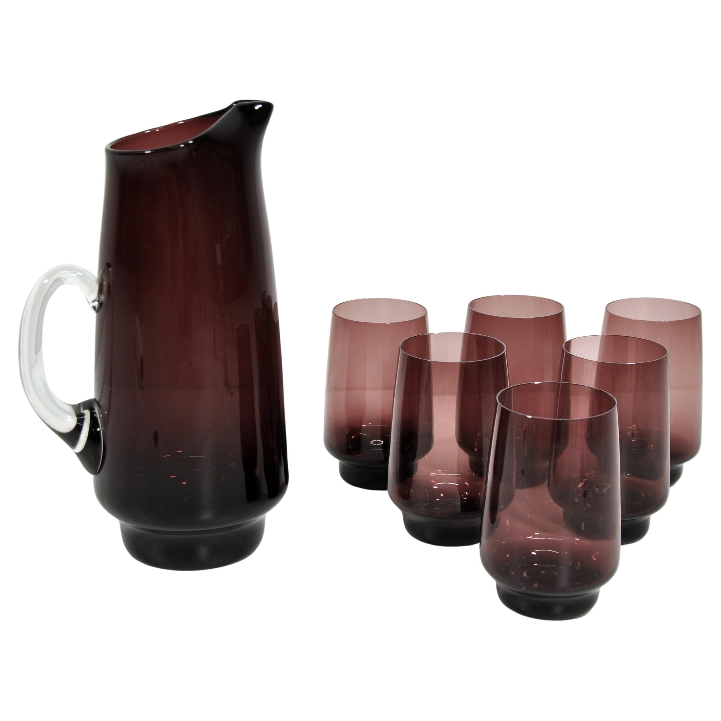 Vintage Amethyst Glass Pitcher and Six Glasses