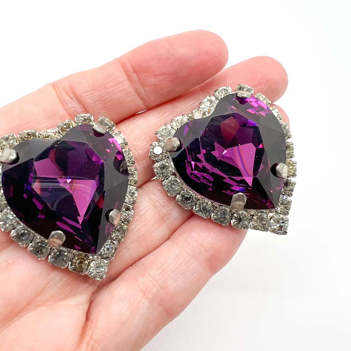 Vintage Amethyst Glass Statement Heart Earrings 1980s In Good Condition For Sale In Wilmslow, GB