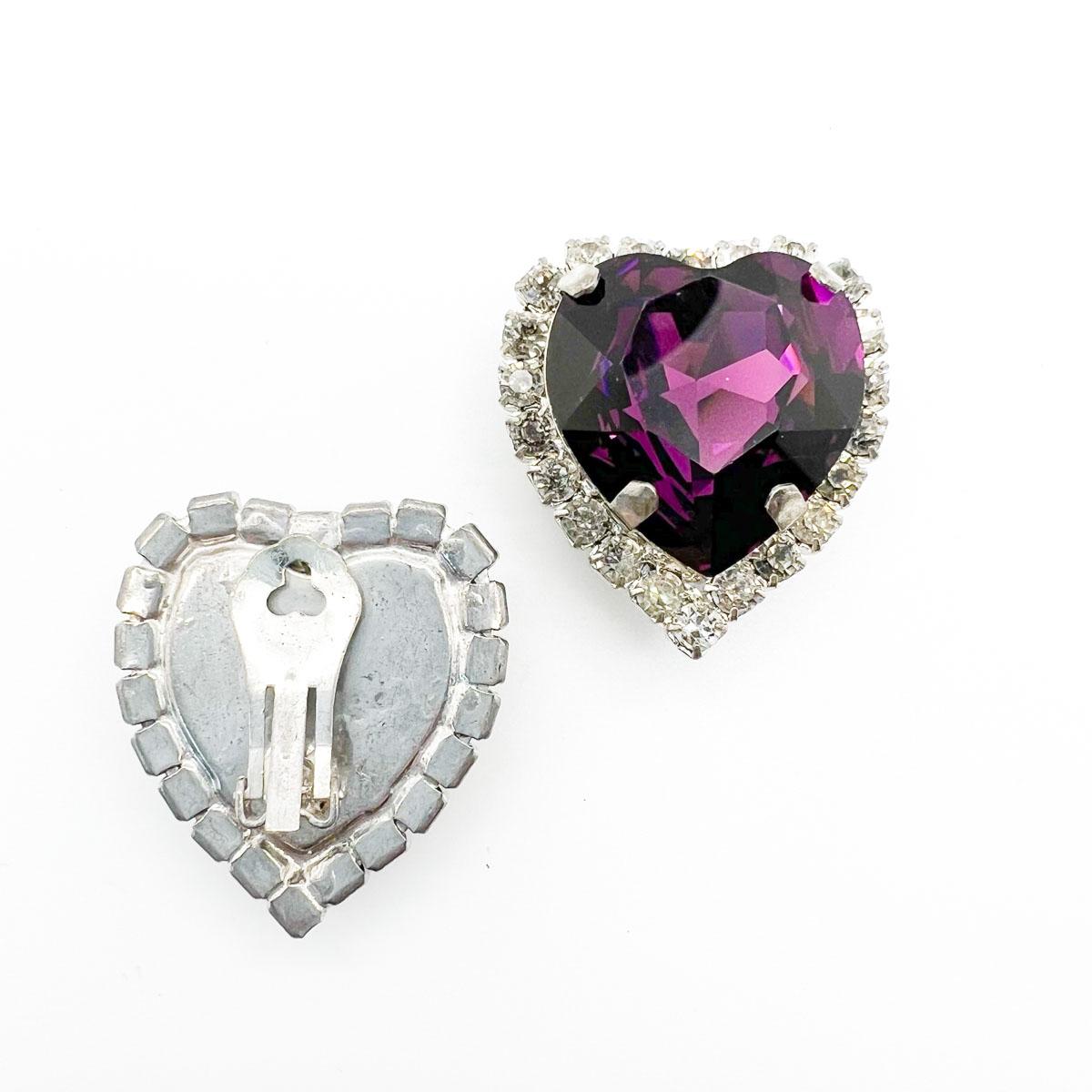 Vintage Amethyst Glass Statement Heart Earrings 1980s For Sale 1