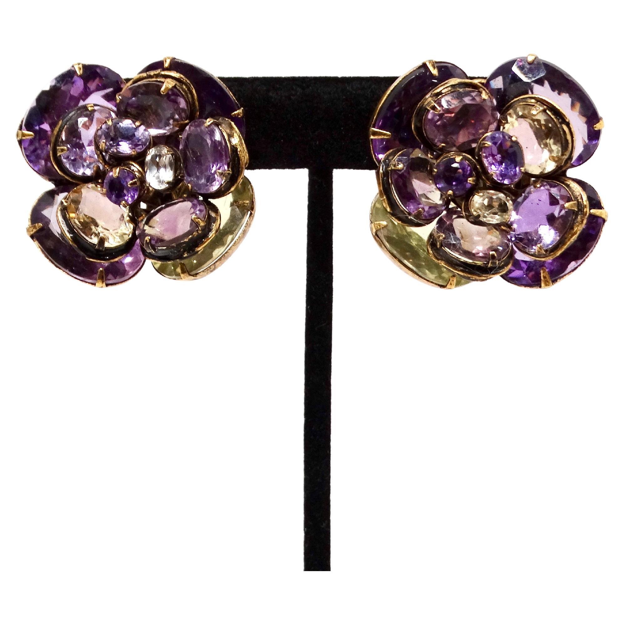 Vintage Amethyst-Inspired Floral Costume Clip-On Earrings