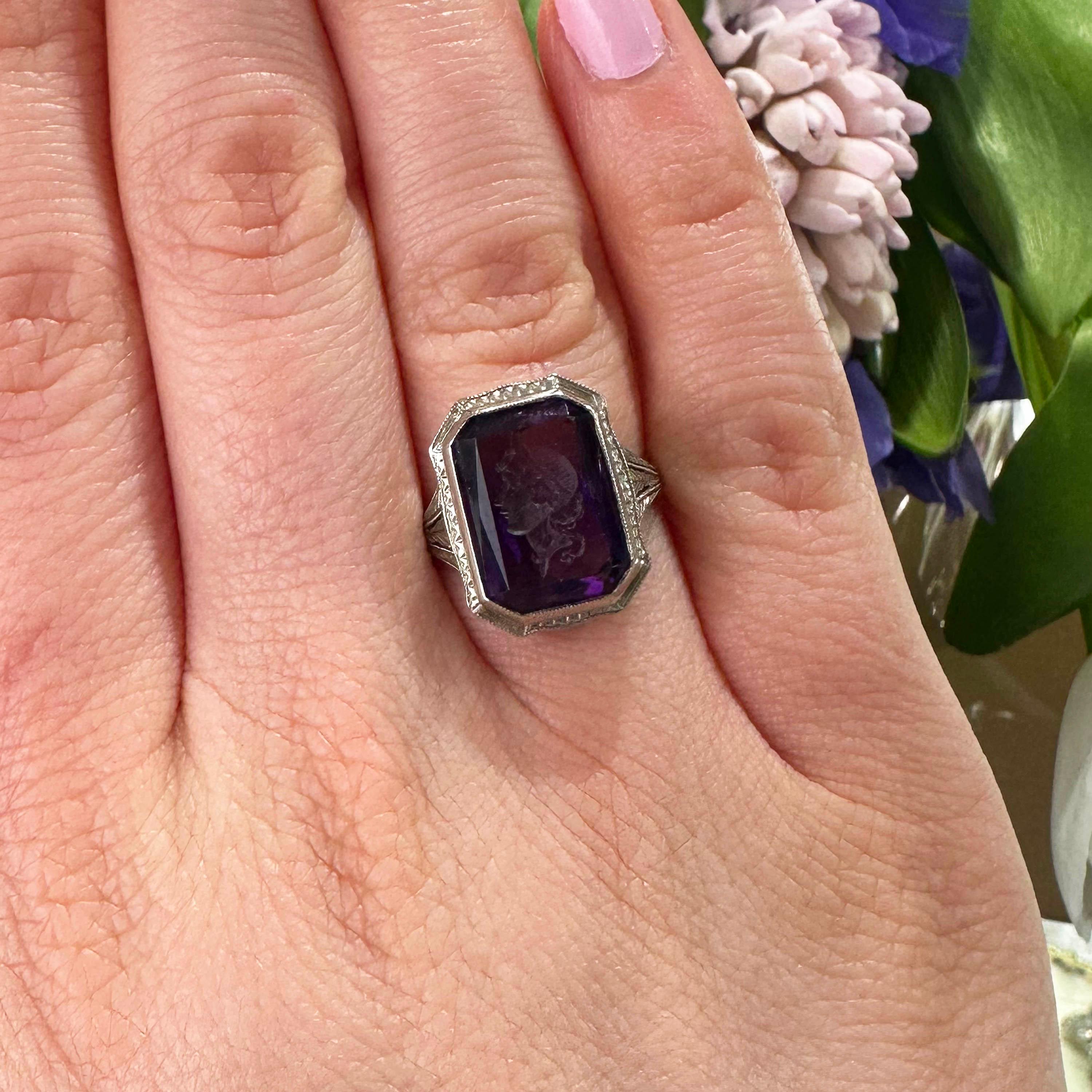 Women's or Men's Vintage Amethyst Intaglio and White Gold Ring