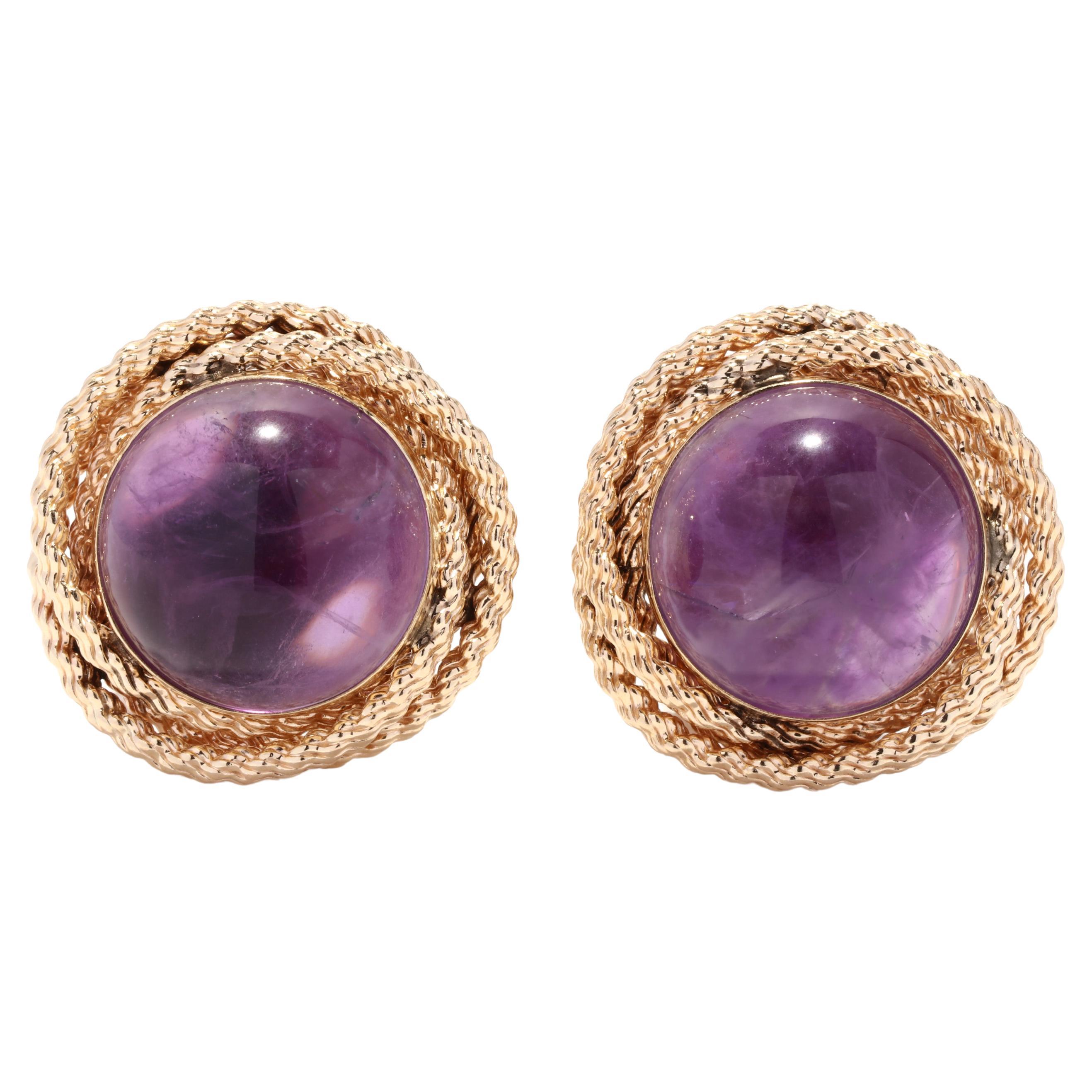 Vintage Amethyst Knot Clip on Earrings, 14k Gold, Purple Amethyst, Textured Knot For Sale