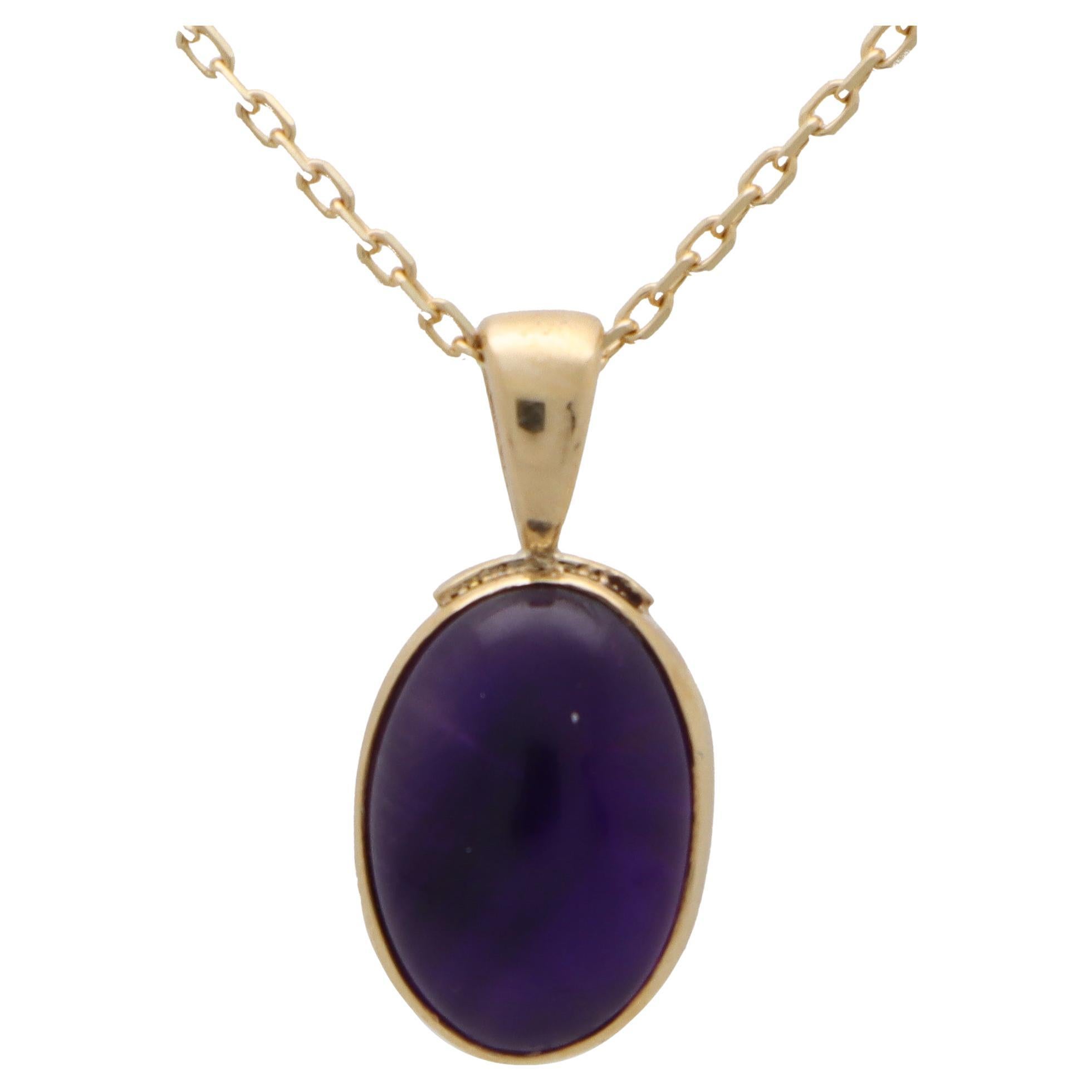 Vintage Amethyst Oval Pendant Necklace in 9k Yellow Gold