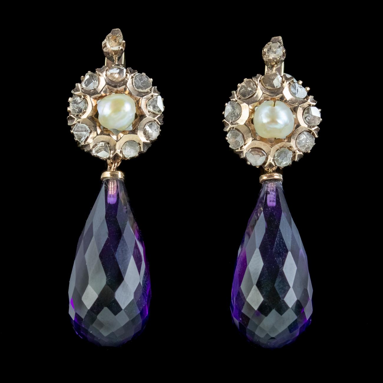 Briolette Cut Vintage Amethyst Pearl Diamond Drop Earrings 14ct Gold