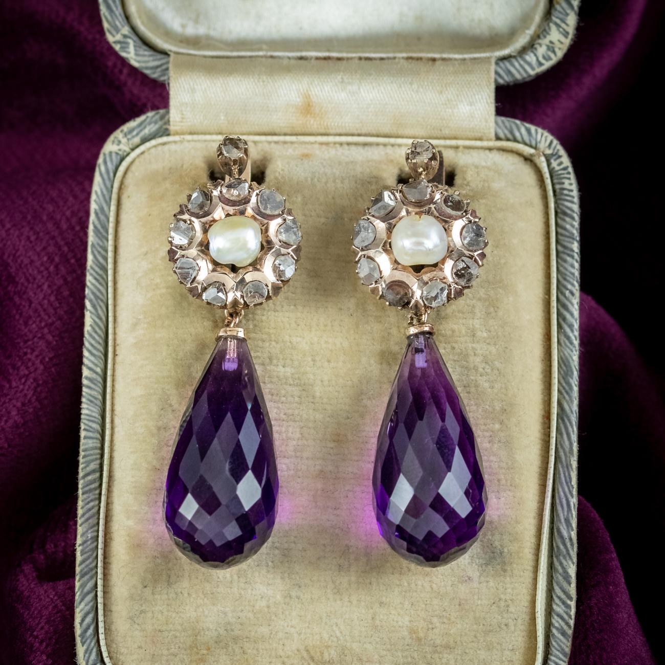 Vintage Amethyst Pearl Diamond Drop Earrings 14ct Gold 2