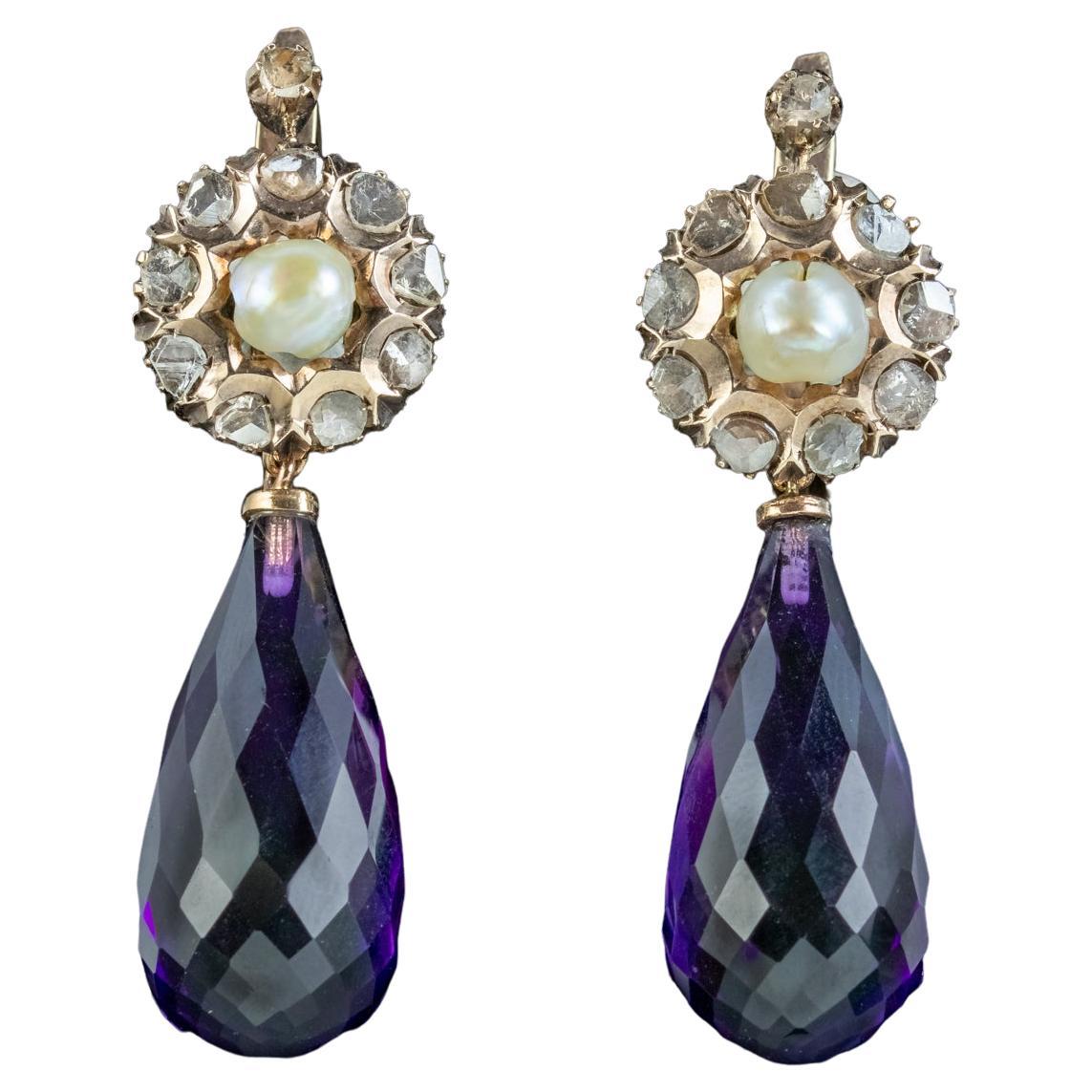 Vintage Amethyst Pearl Diamond Drop Earrings 14ct Gold