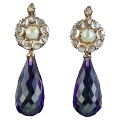 Vintage Amethyst Pearl Diamond Drop Earrings 14ct Gold