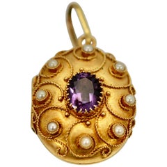 Vintage Amethyst Pearl Locket 18 Karat