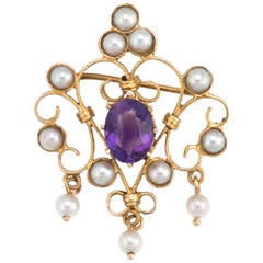 Vintage Amethyst Pearl Pendant 14 Karat Gold Brooch Pin Estate Fine Jewelry