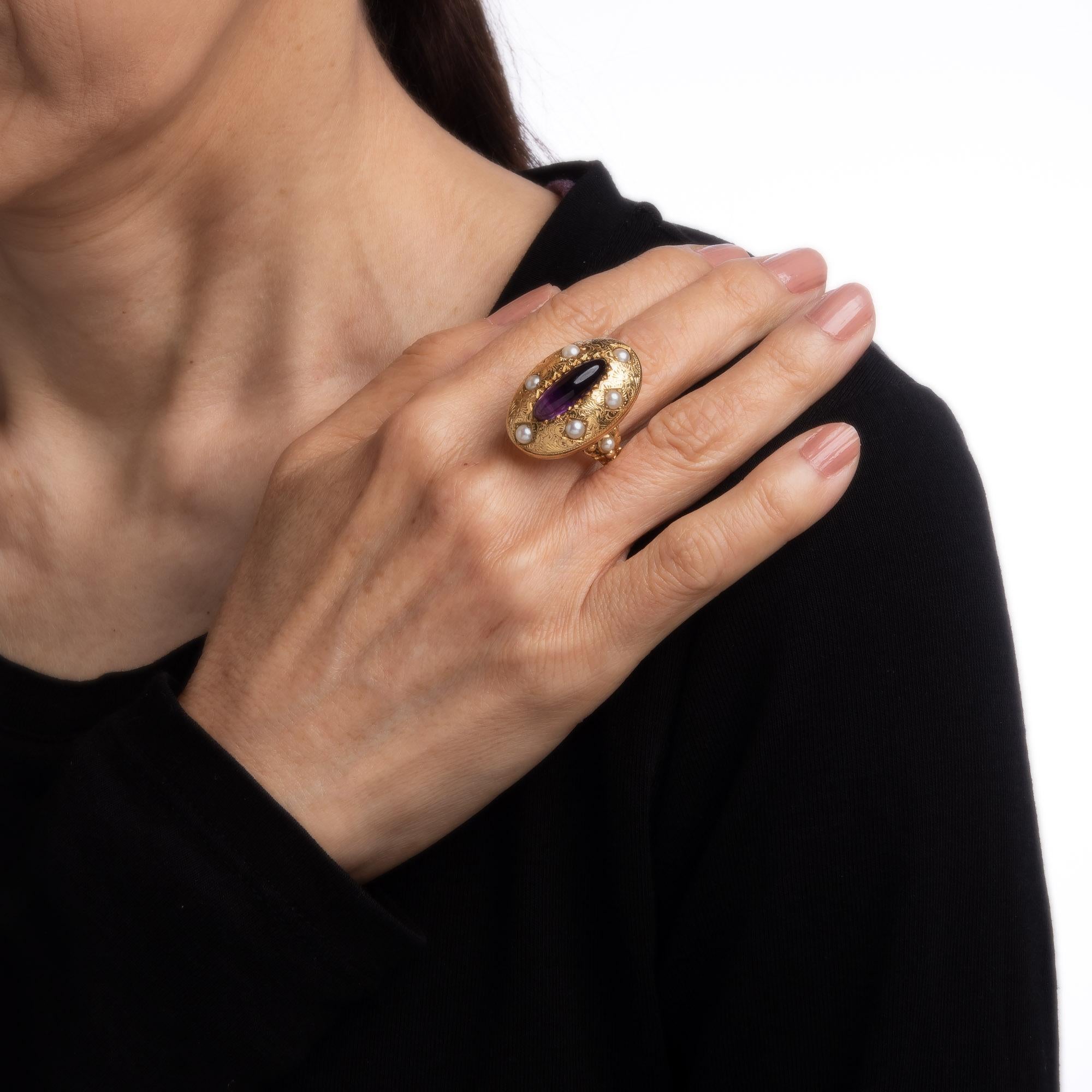 Donna Anello vintage con perla ametista grande cocktail ovale inciso Sz 8 Estate Jewelry
