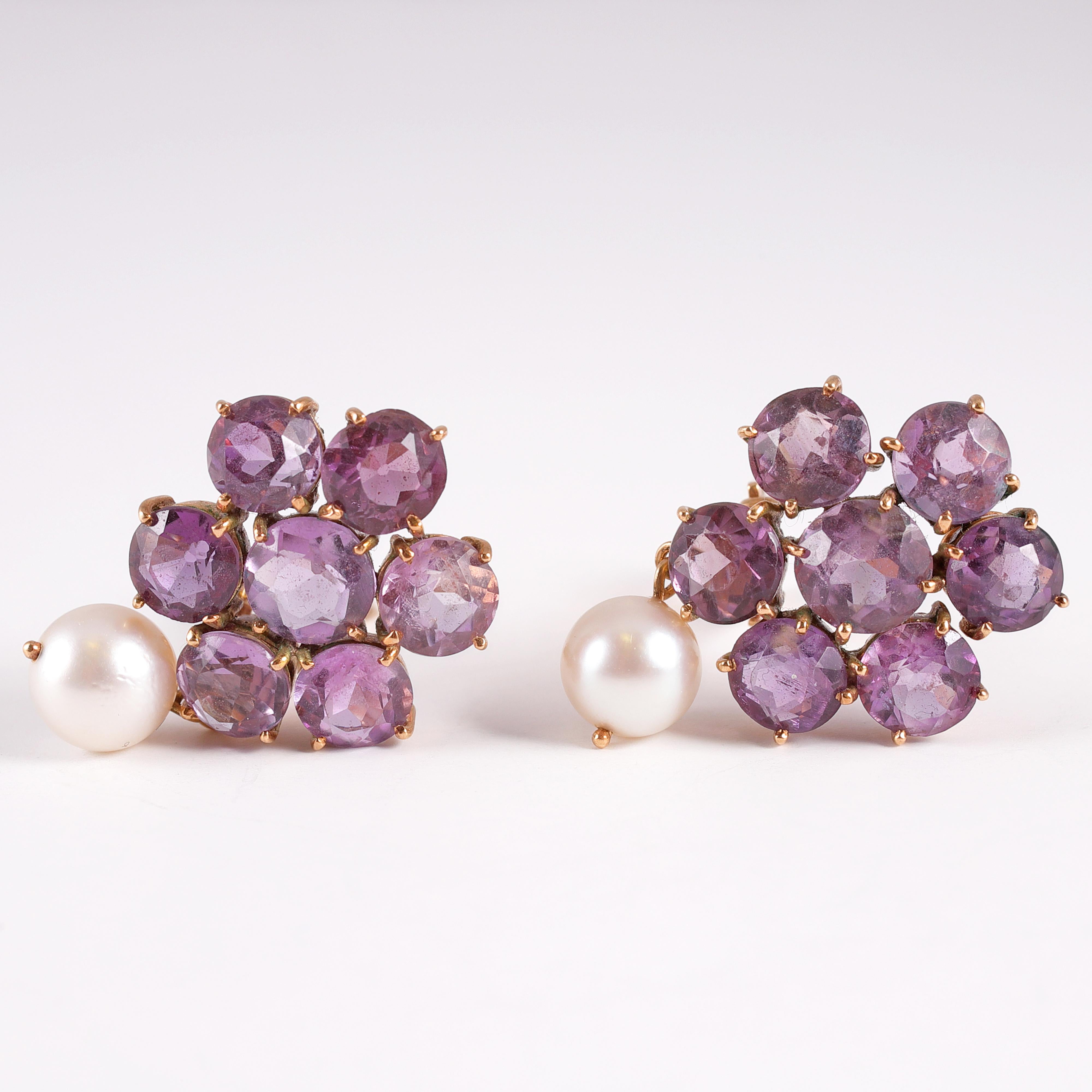 Round Cut Vintage Amethyst Pearl Yellow Gold Earring