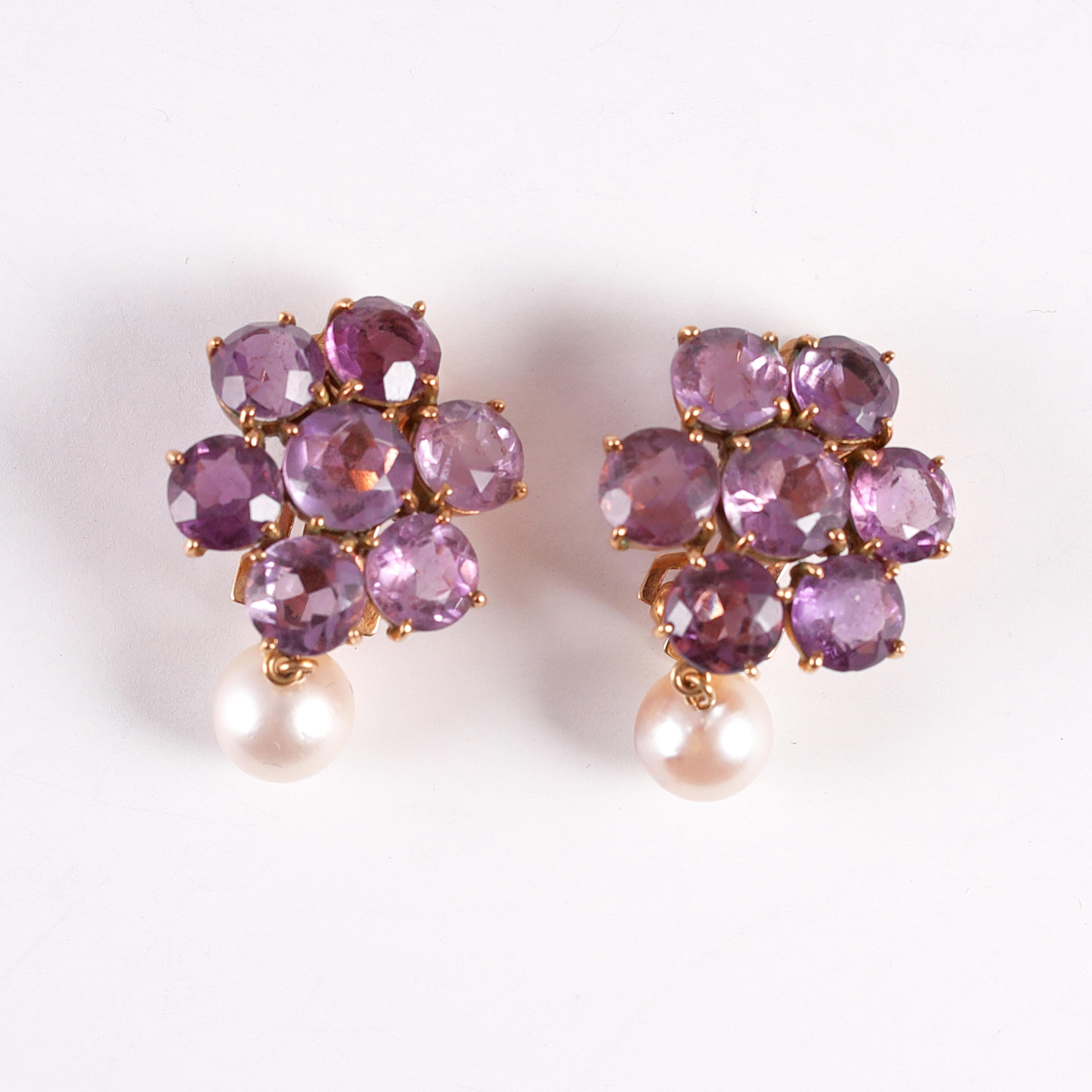 Vintage Amethyst Pearl Yellow Gold Earring In Good Condition For Sale In Dallas, TX
